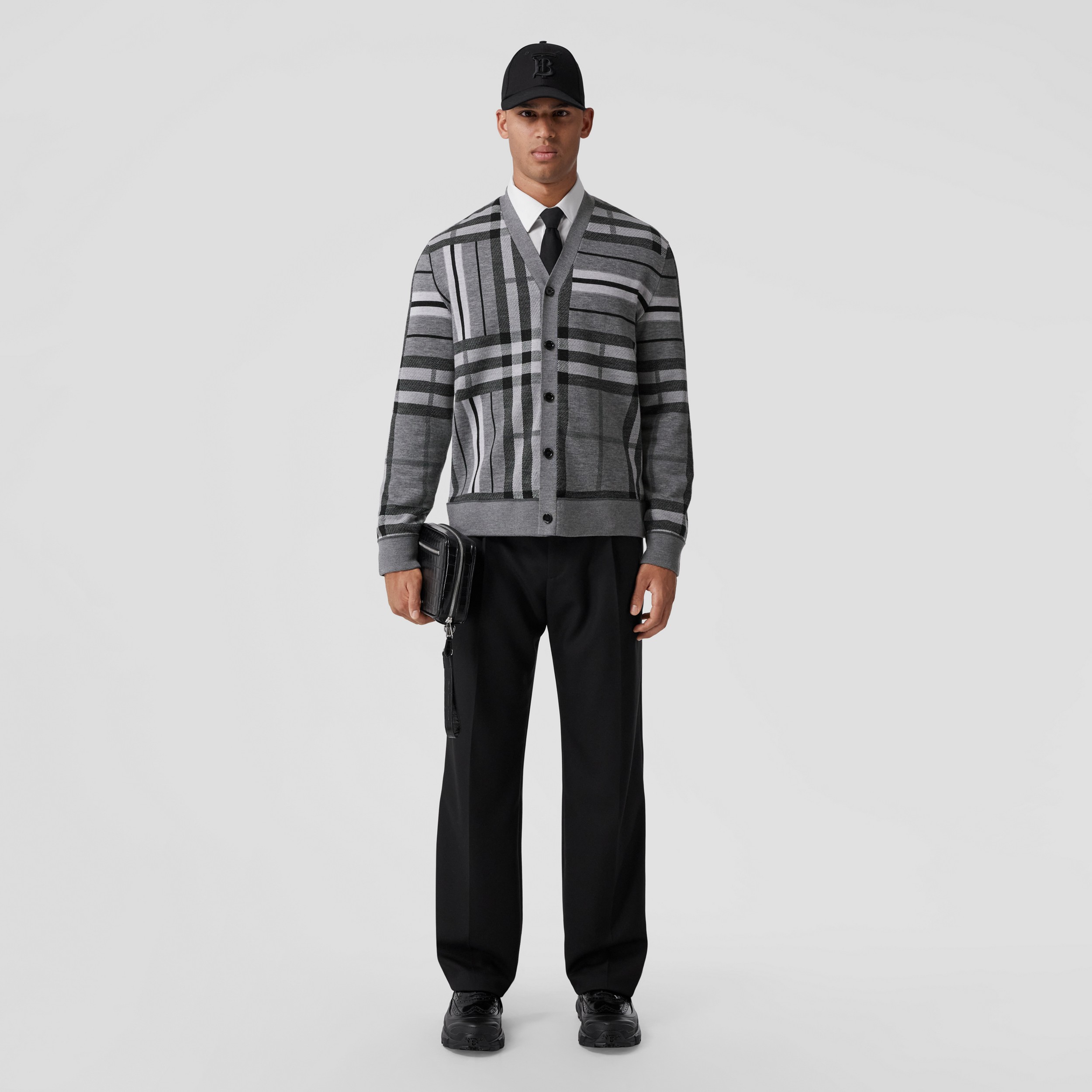 Check and Stripe Wool Jacquard Cardigan in Flint Melange - Men | Burberry® Official - 1