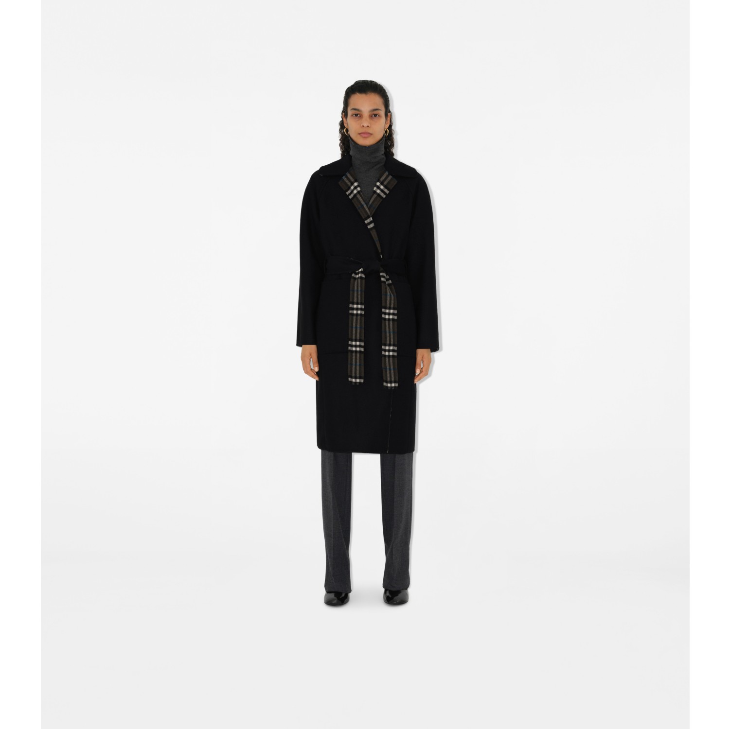 Reversible Check Wool Wrap Coat in Black Women Burberry Official