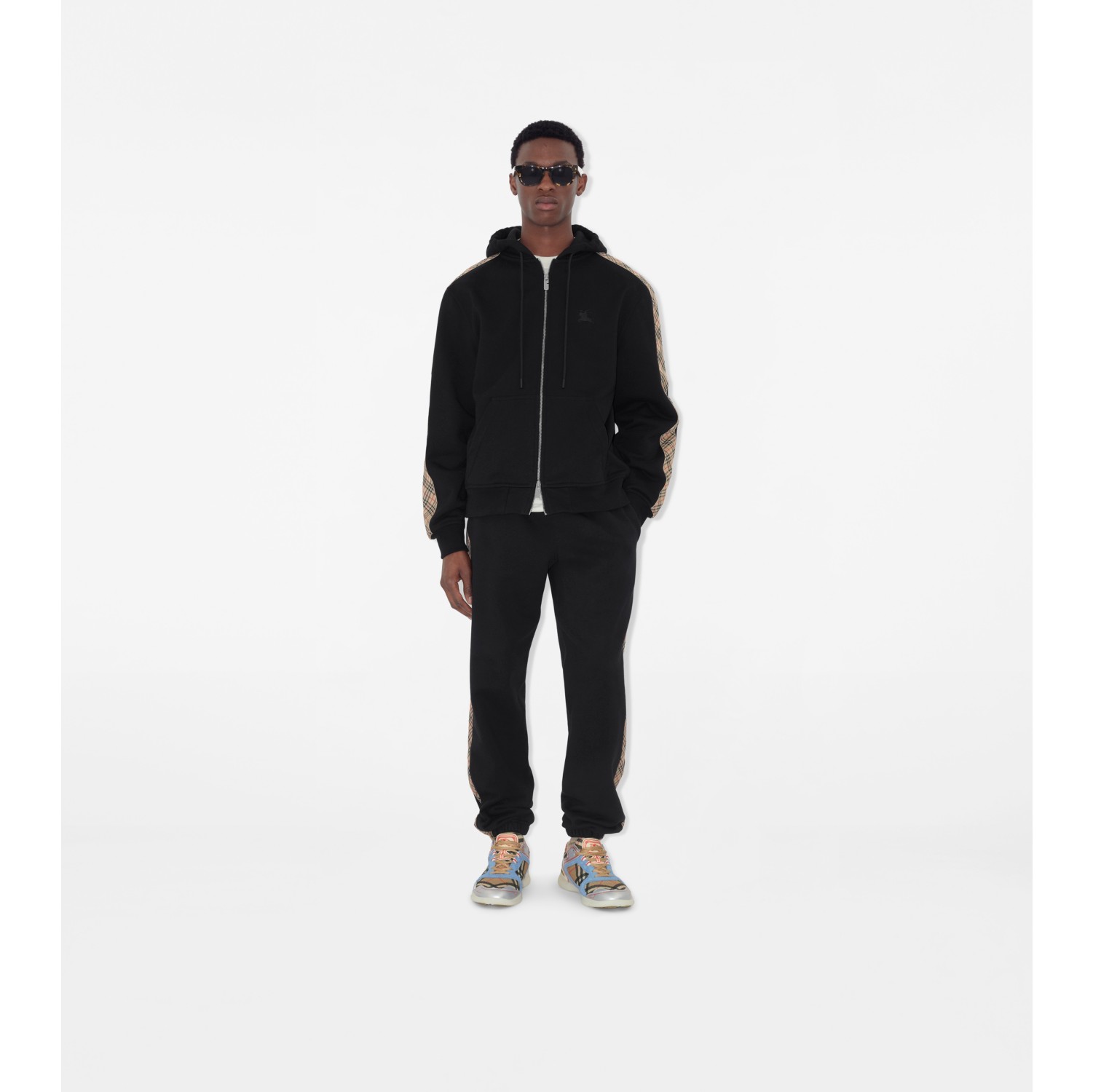 Check Trim Cotton Zip Hoodie