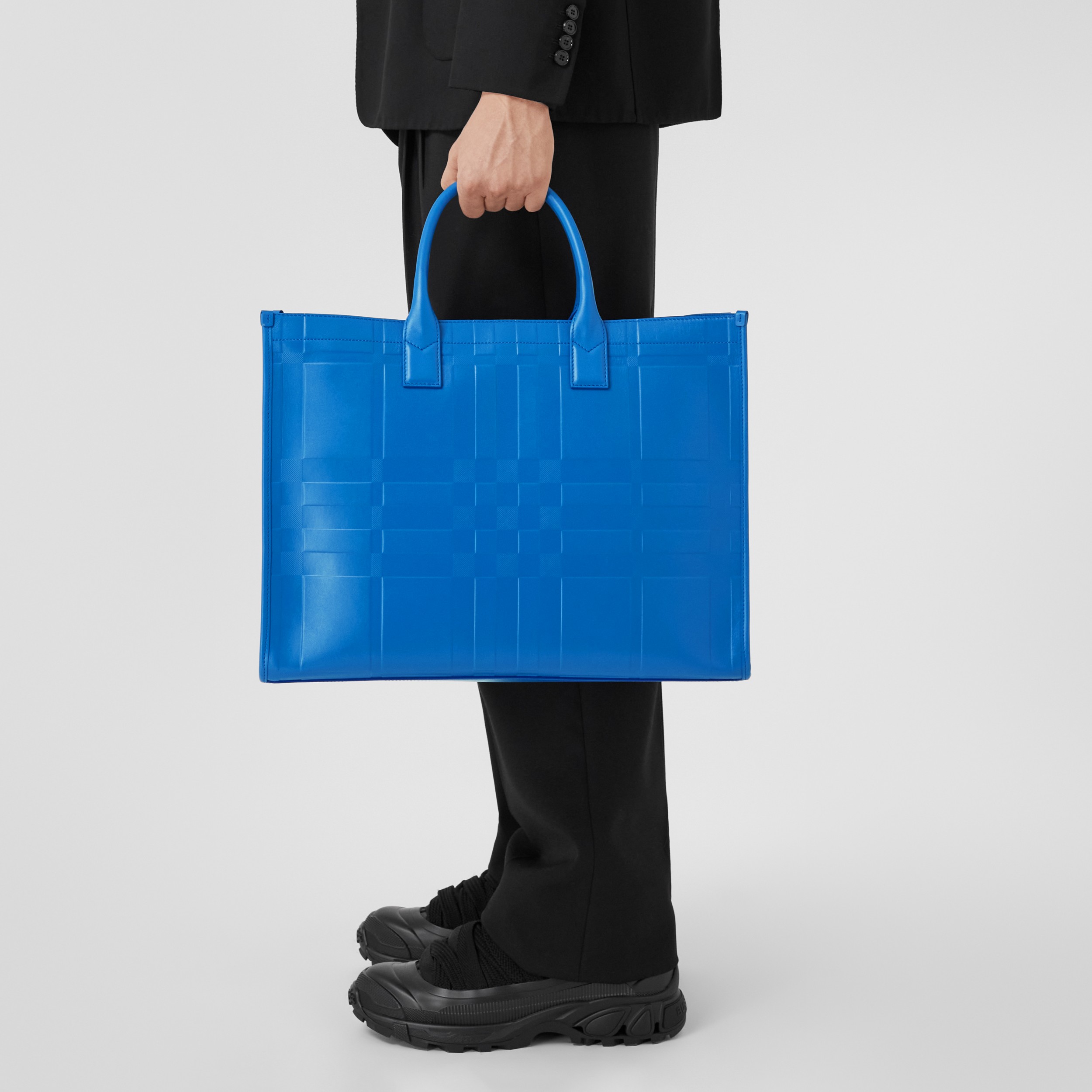 Embossed Check Leather Tote in Bright Ocean Blue - Men | Burberry® Official