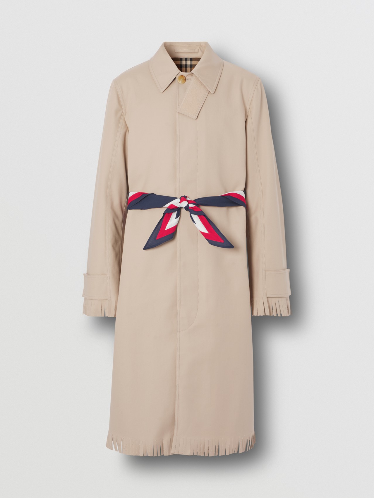 Scarf Detail Fringed Cotton Gabardine Car Coat in Soft Fawn