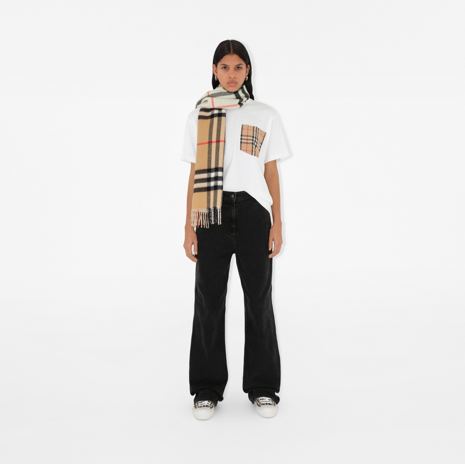 Contrast Check Cashmere Scarf in Archive beige/natural white Contrast Check Cashmere Scarf in Archive beige/natural white
