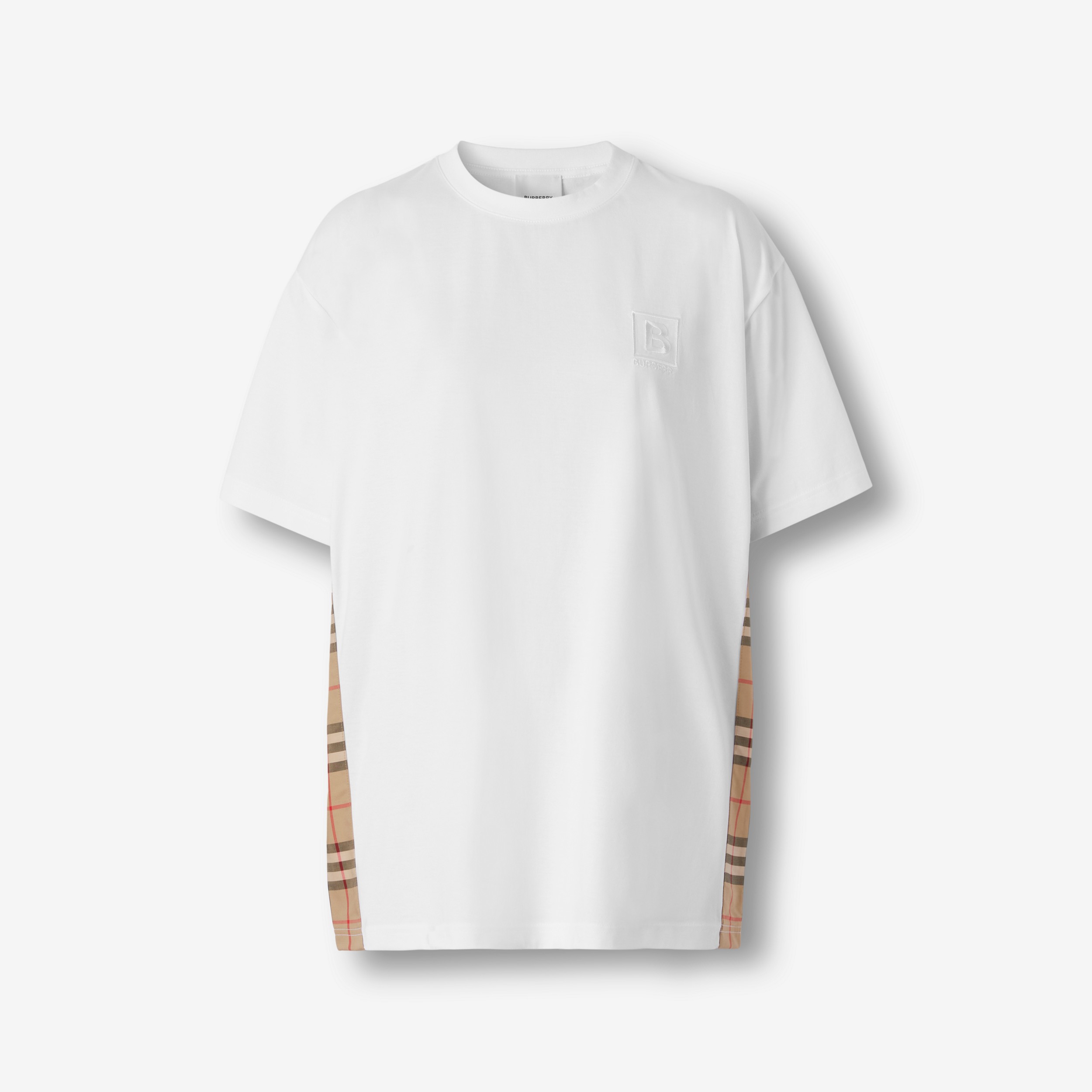 Check Panel Cotton Oversized T-shirt in White - Women | Burberry® Official - 1
