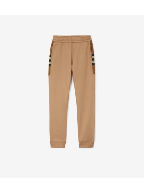 Shop Burberry Check Panel Cotton Blend Jogg In Camel