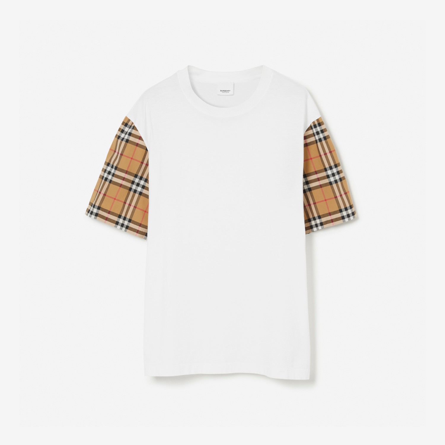 Check Sleeve Cotton T-shirt in White - Women | Burberry® Official