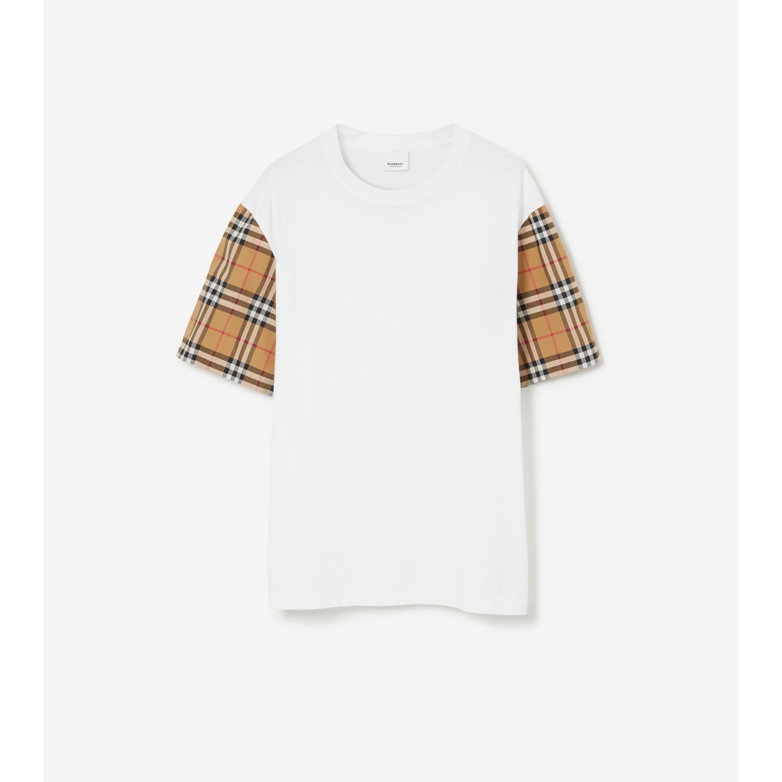 Check Sleeve Cotton T-shirt in White - Women | Burberry® Official