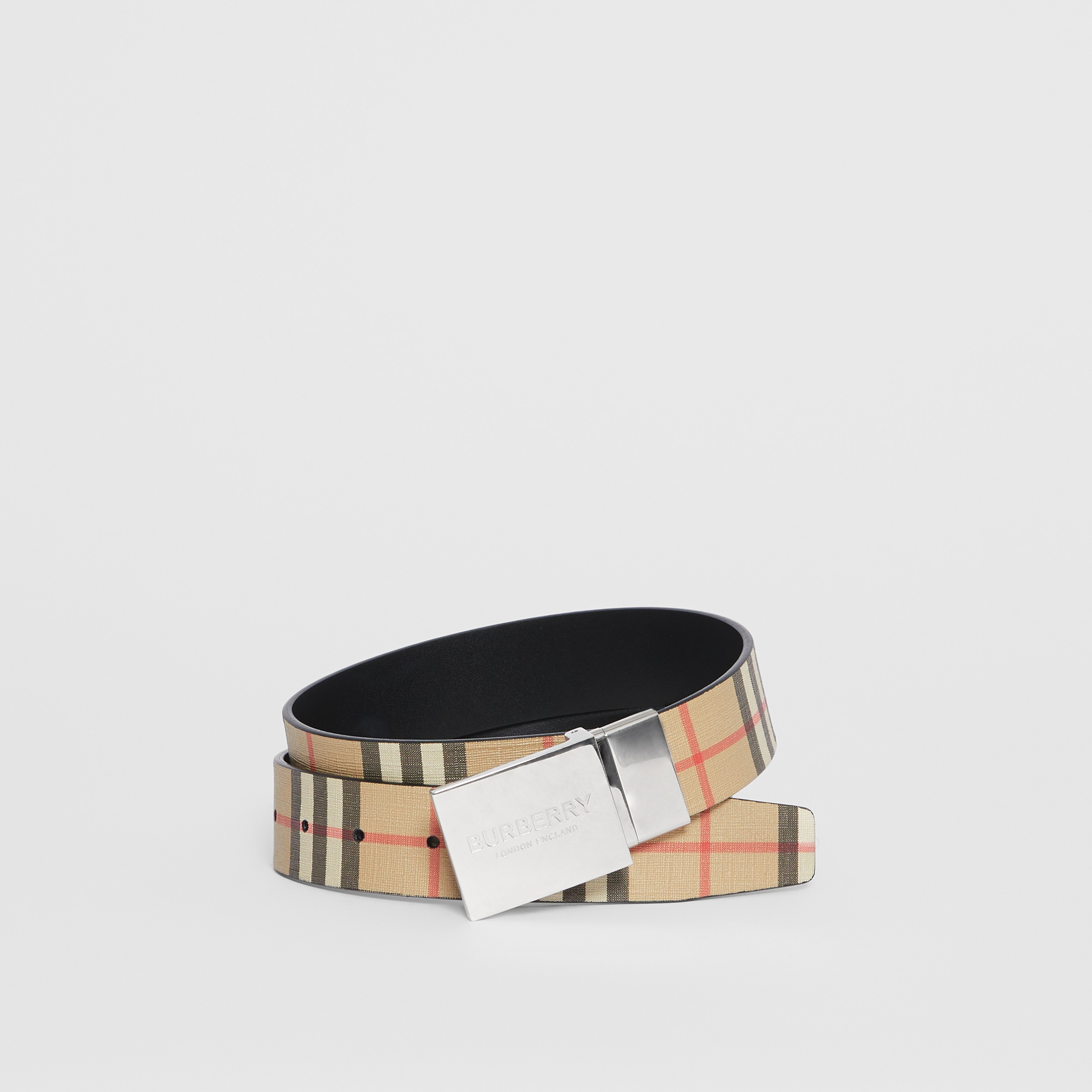 Reversible Plaque Buckle Check and Leather Belt in Archive Beige/black - Men | Burberry® Official - 1