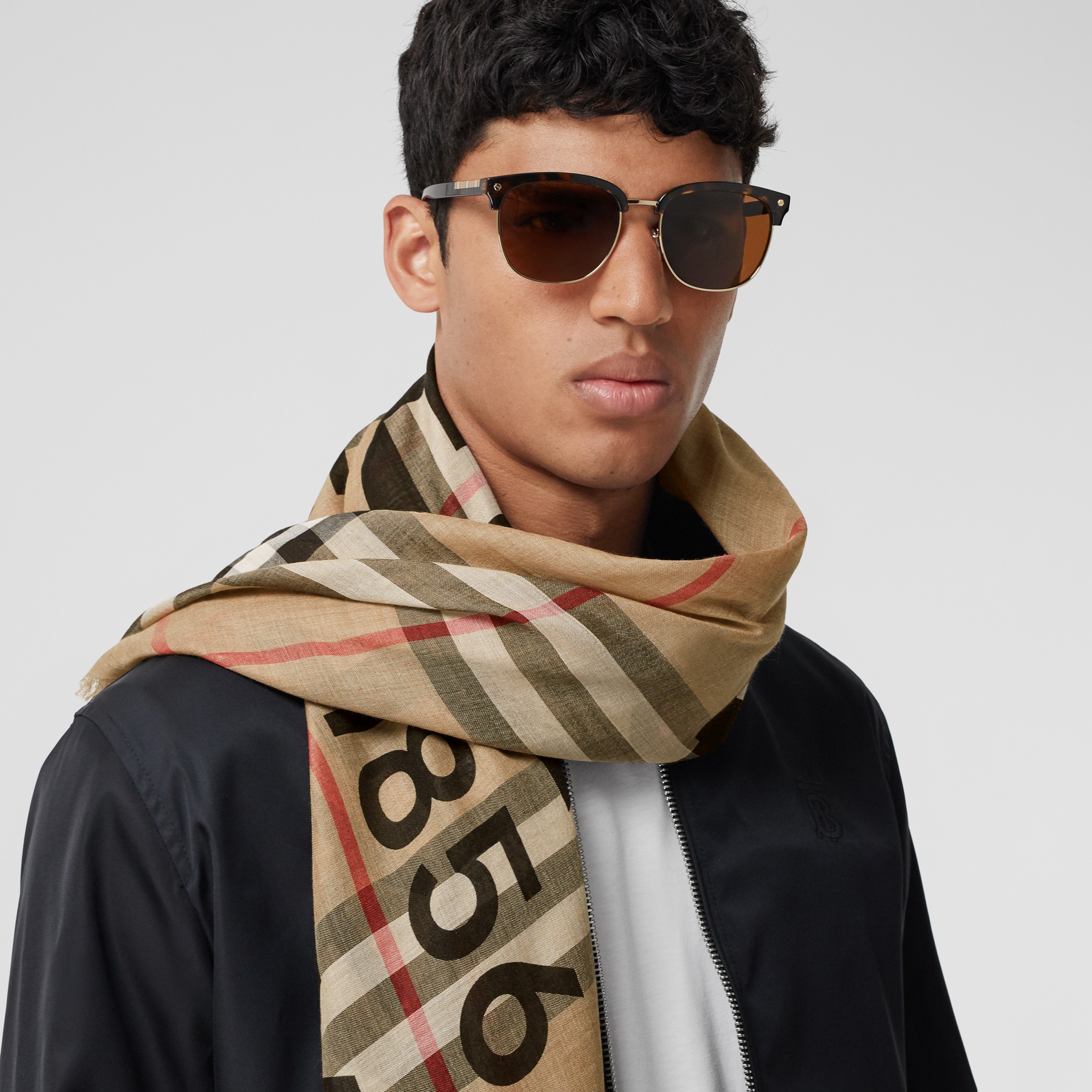 Horseferry Print Check Wool Silk Large Square Scarf in Archive Beige | Burberry® Official - 4