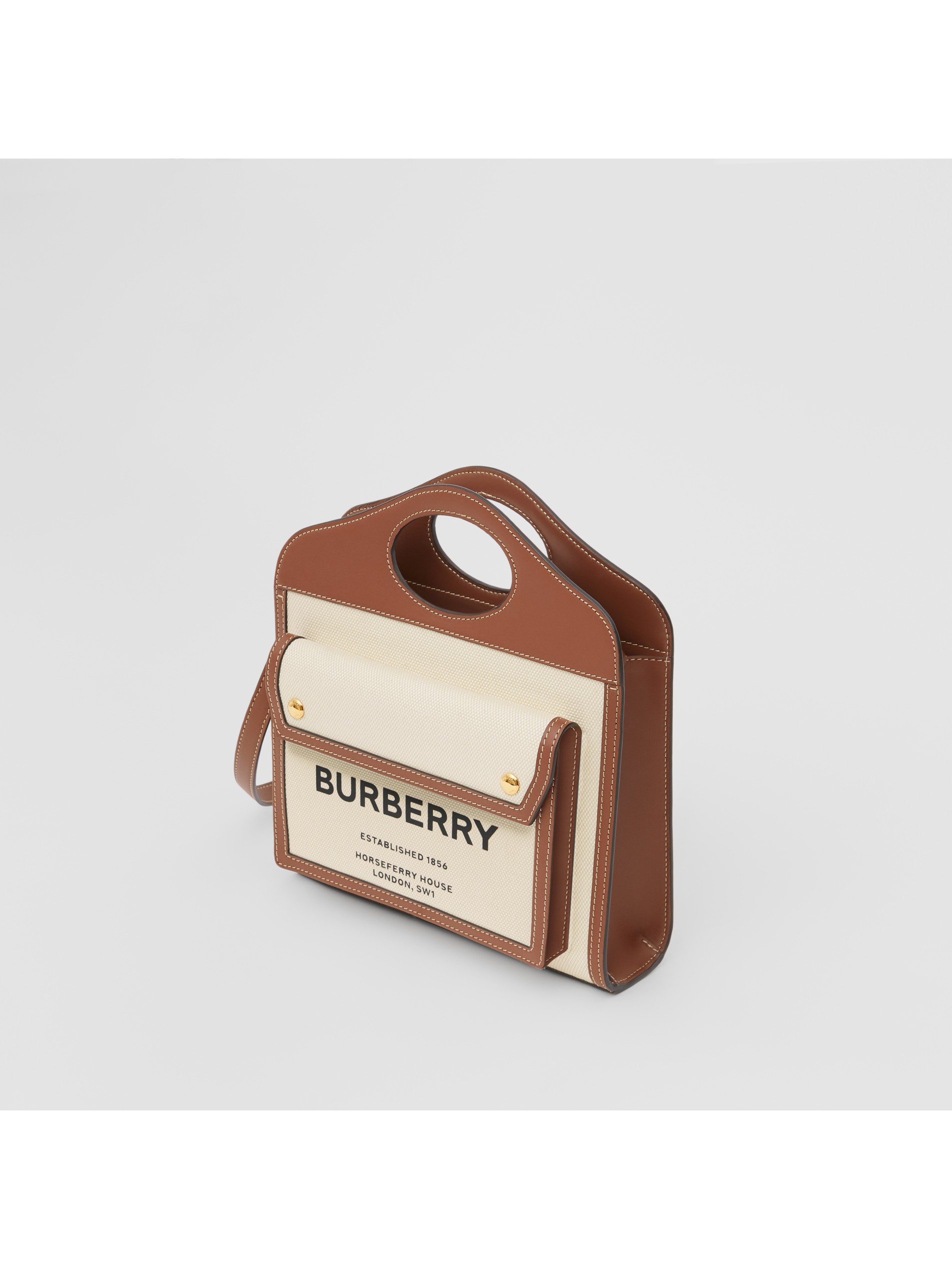 迷你双色帆布拼皮革口袋包 (自然色 / 麦芽棕) - 女士 | burberry