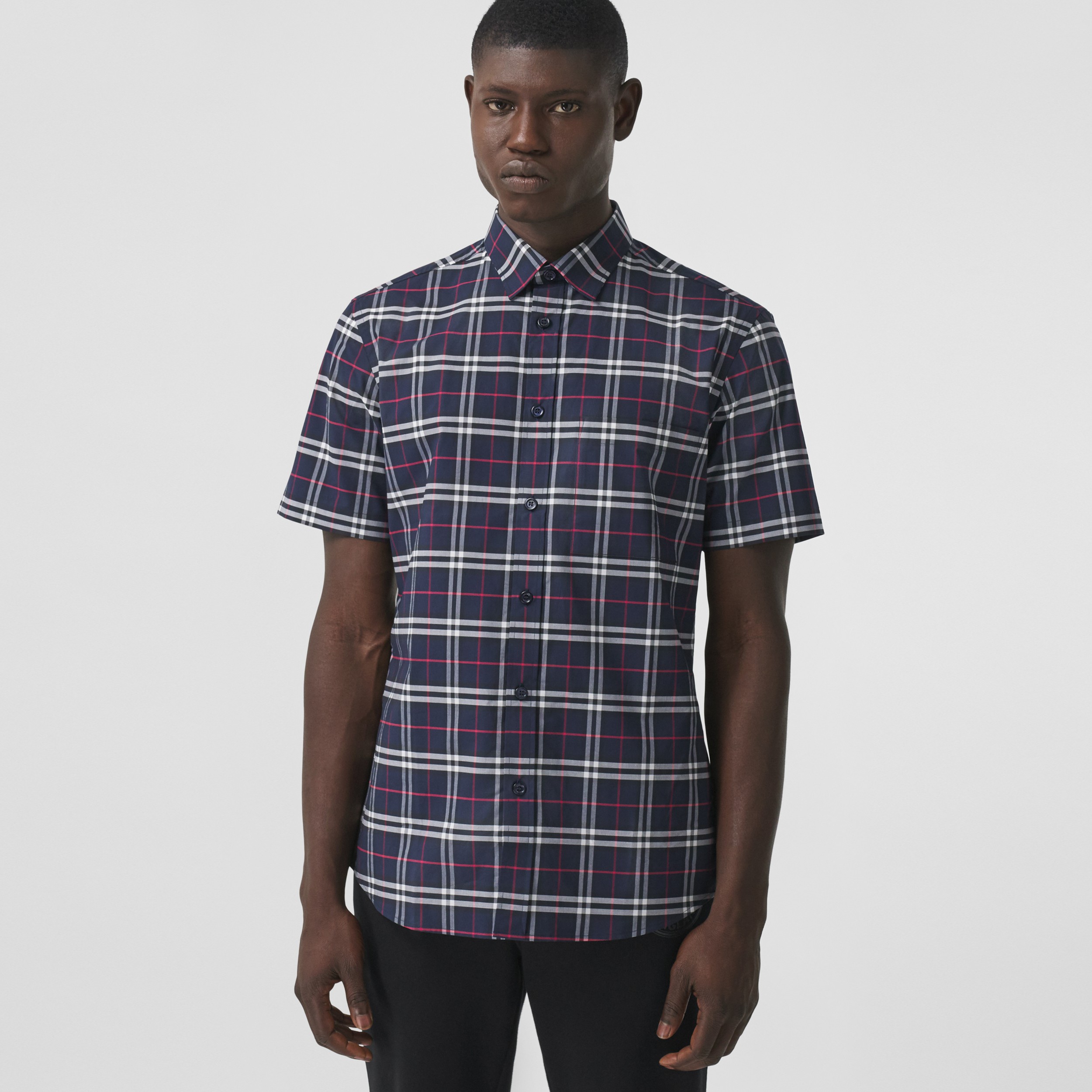 Short-sleeve Small Scale Check Stretch Cotton Shirt in Navy - Men | Burberry® Official - 1