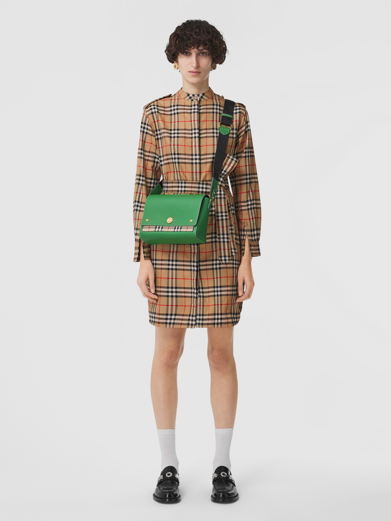 Leather and Vintage Check Note Crossbody Bag in Ivy Green