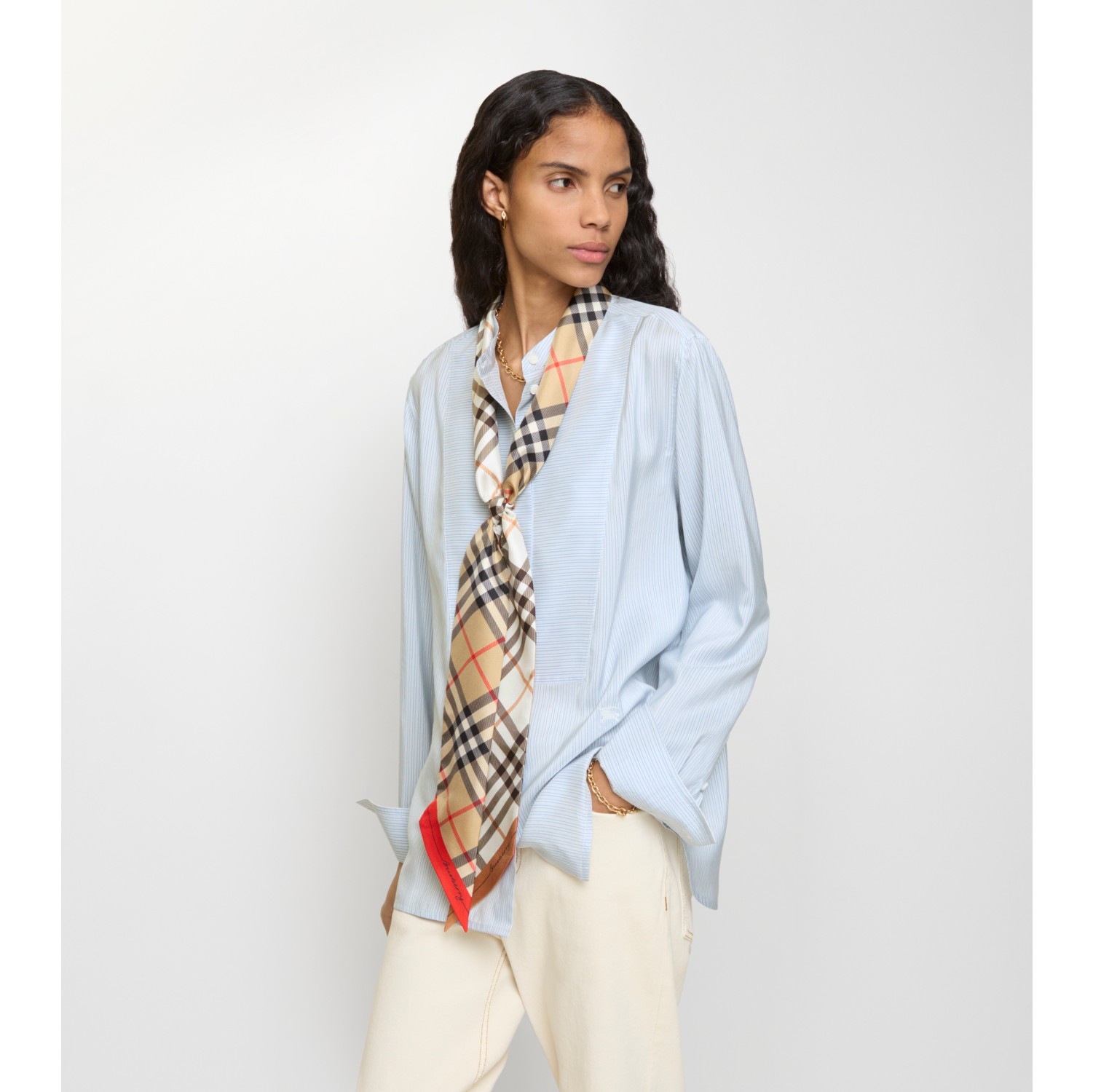 Skinny Contrast Check Silk Scarf