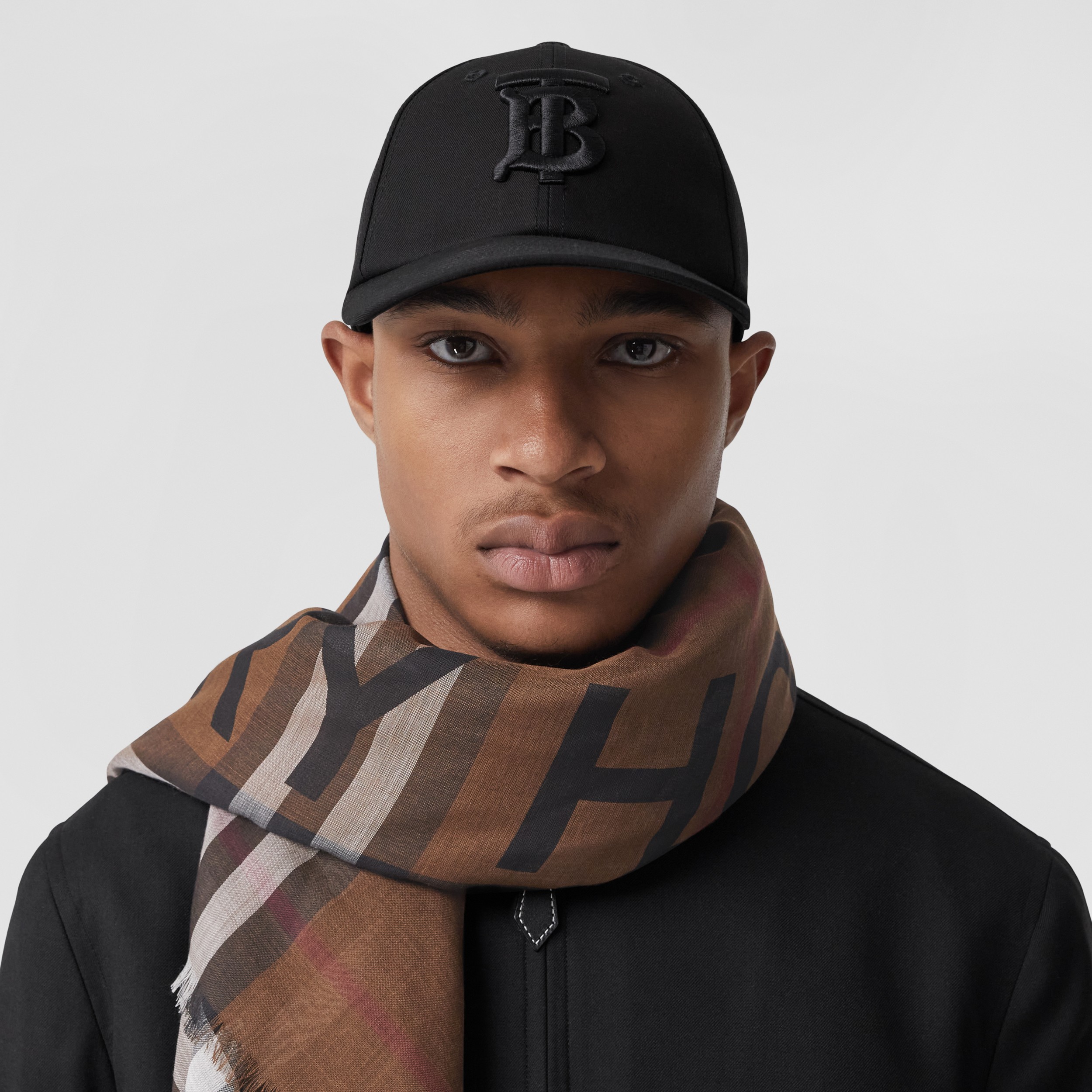 Horseferry Print Check Wool Silk Large Square Scarf in Dark Birch Brown | Burberry® Official - 4