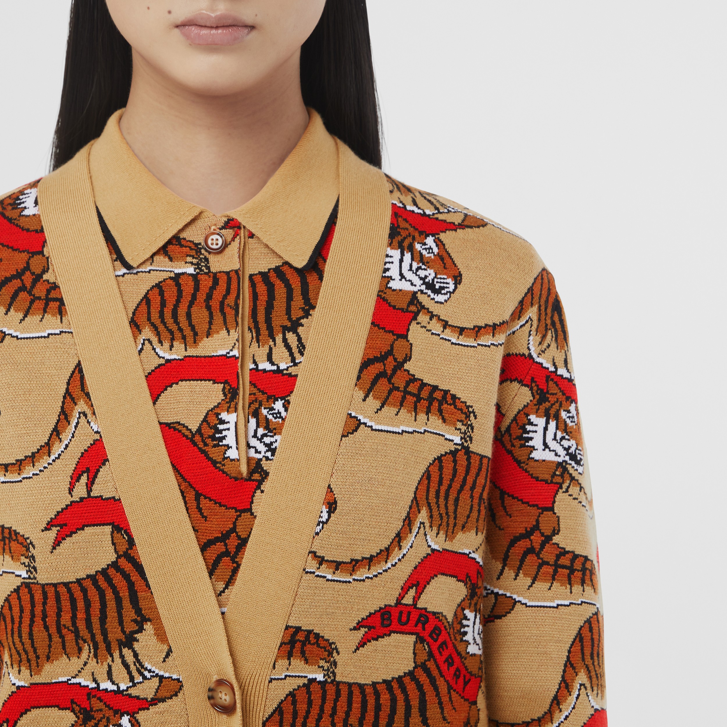 Tiger Graphic Technical Wool Jacquard Cardigan in Honey Beige - Women | Burberry® Official - 2
