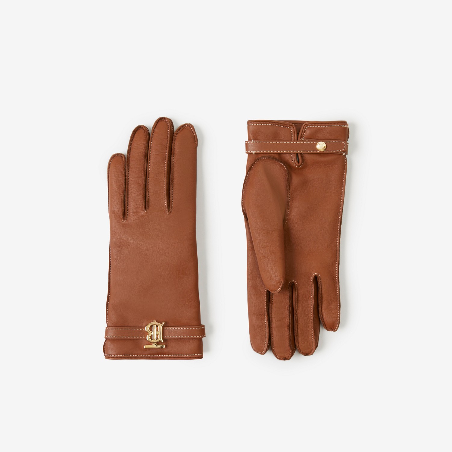 专属标识装饰缉明线皮革手套 (棕褐色) | Burberry® 博柏利官网