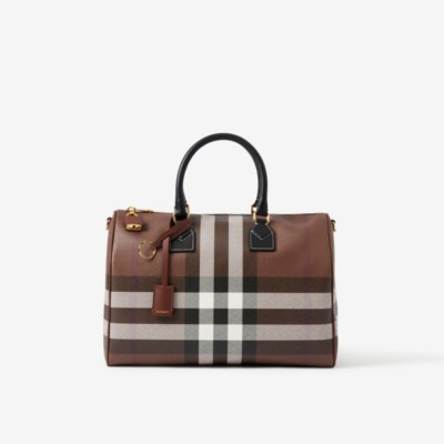 Burberry Womens Dark Birch Brown Chk Check-print Mini Woven And Leather Top-handle Bowling Bag