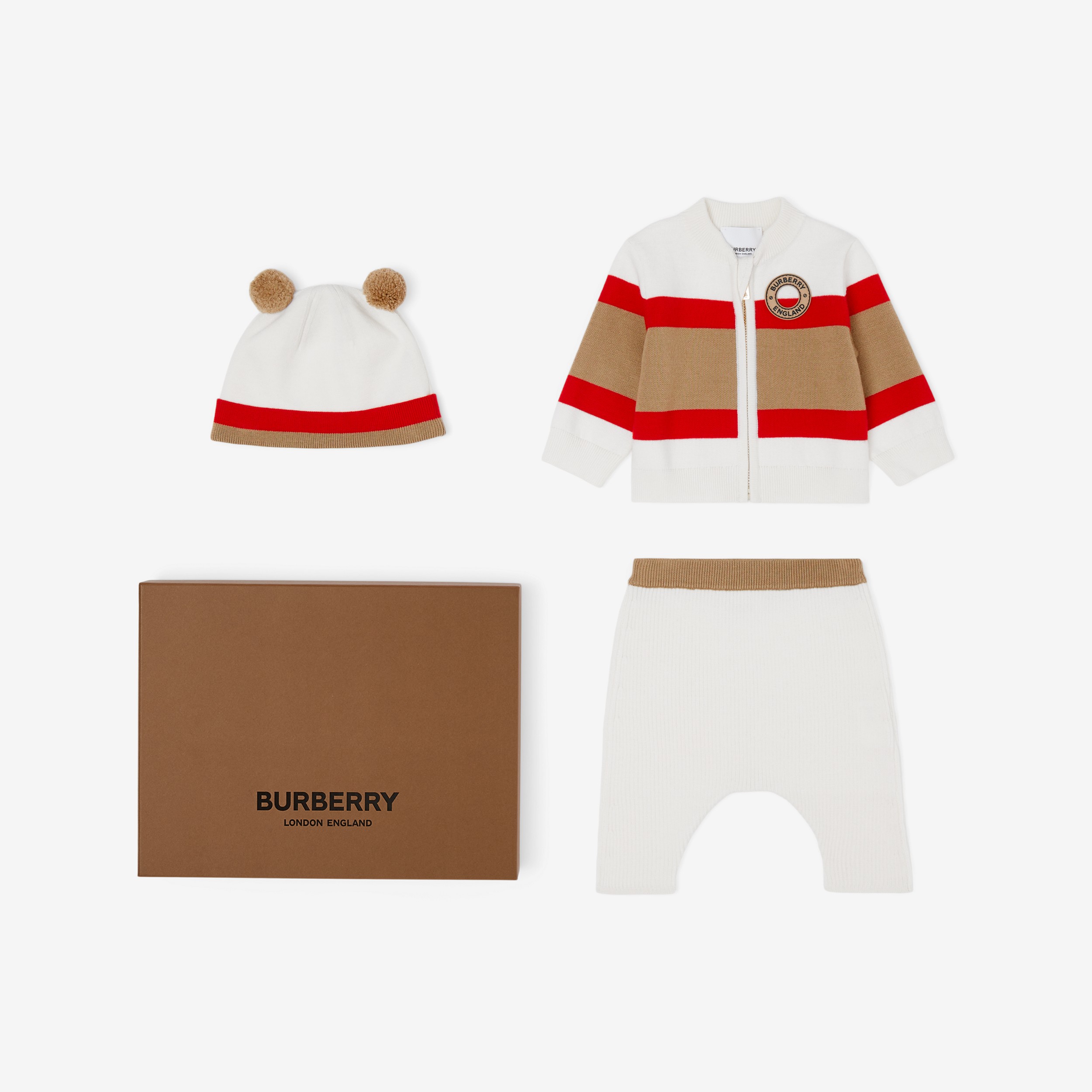 Set regalo da tre pezzi per neonato in misto lana con grafica e logo (Avorio) - Bambini | Sito ufficiale Burberry® - 1