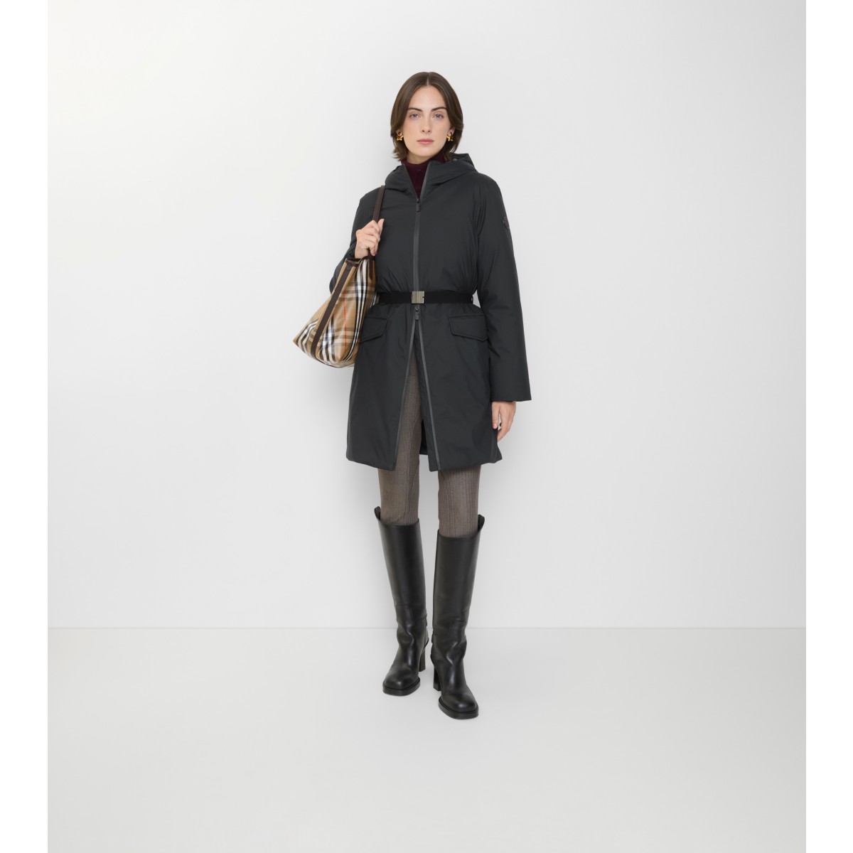  Check Mid-length Hooded Nylon Coat