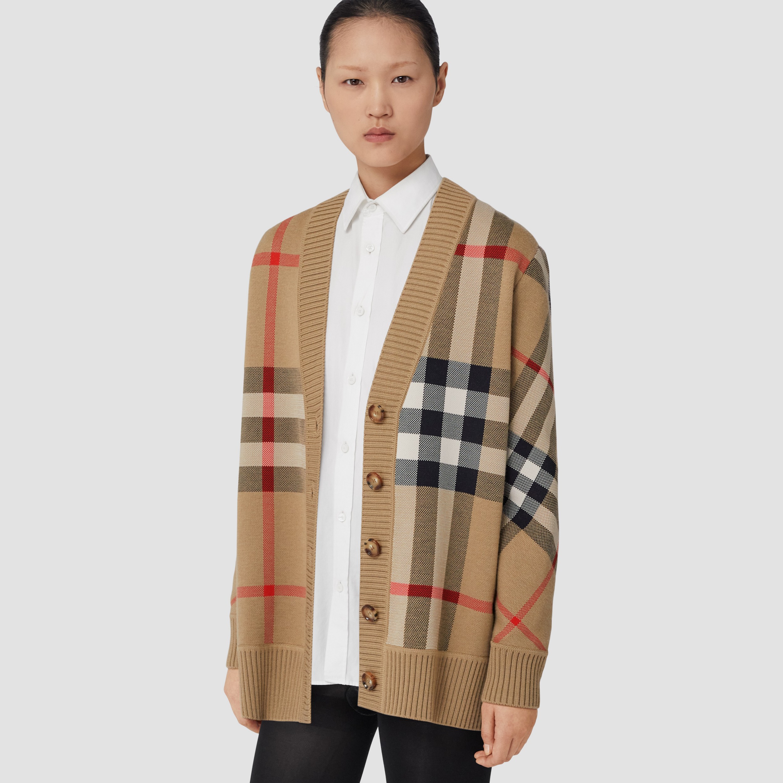 Check Technical Wool Jacquard Cardigan in Archive Beige | Burberry® Official - 1