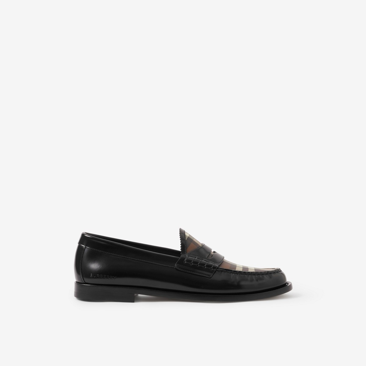 BURBERRY CHECK PANEL LEATHER PENNY LOAFERS
