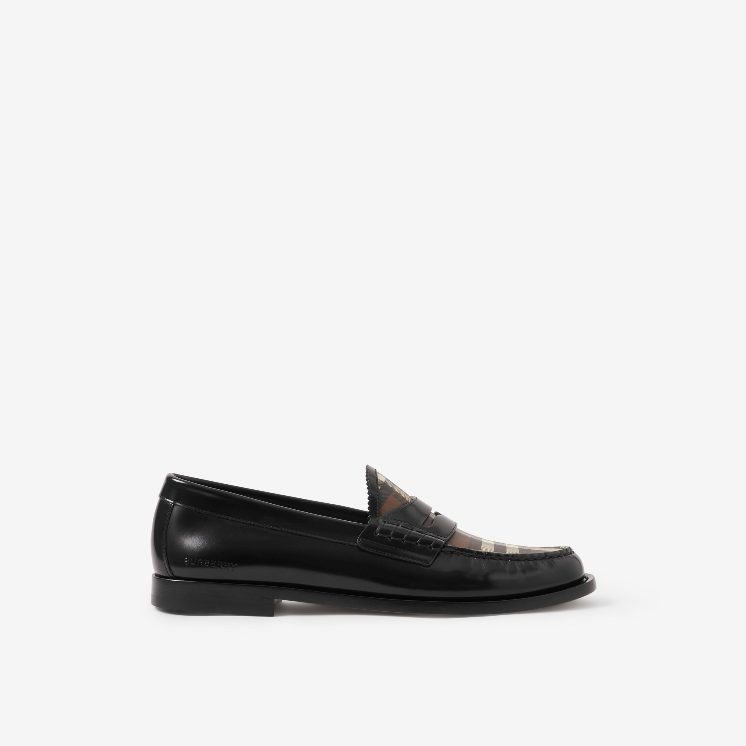 Check Panel Leather Penny Loafers in Black - Women | Burberry® Official - 1