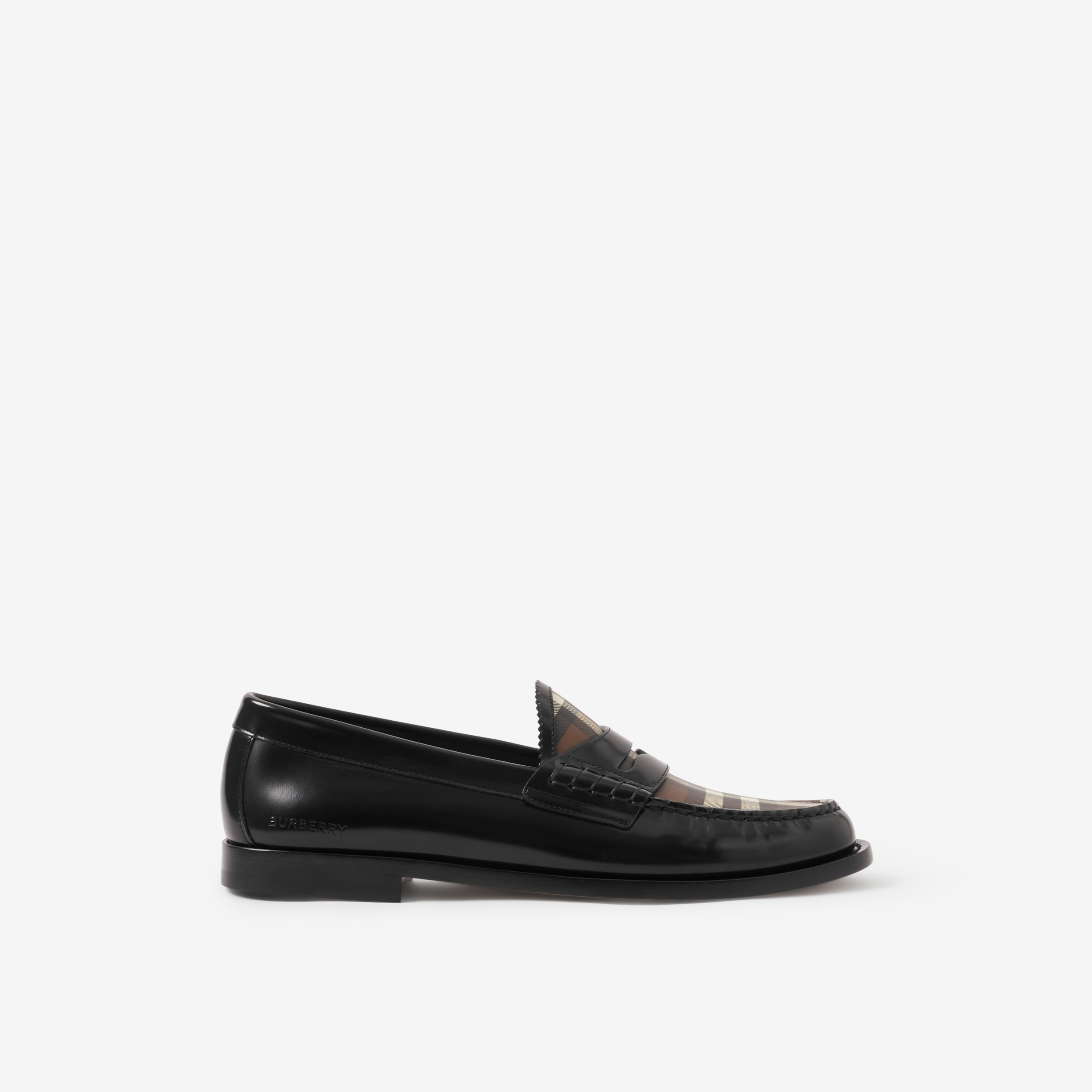 Check Panel Leather Penny Loafers in Black Women Burberry® Official