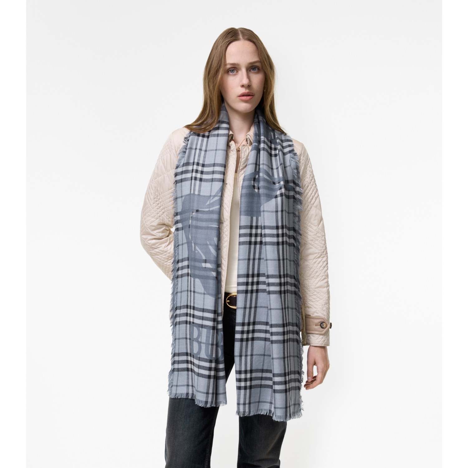 Wide EKD Check Wool Silk Scarf in Bank blue | Burberry® Official