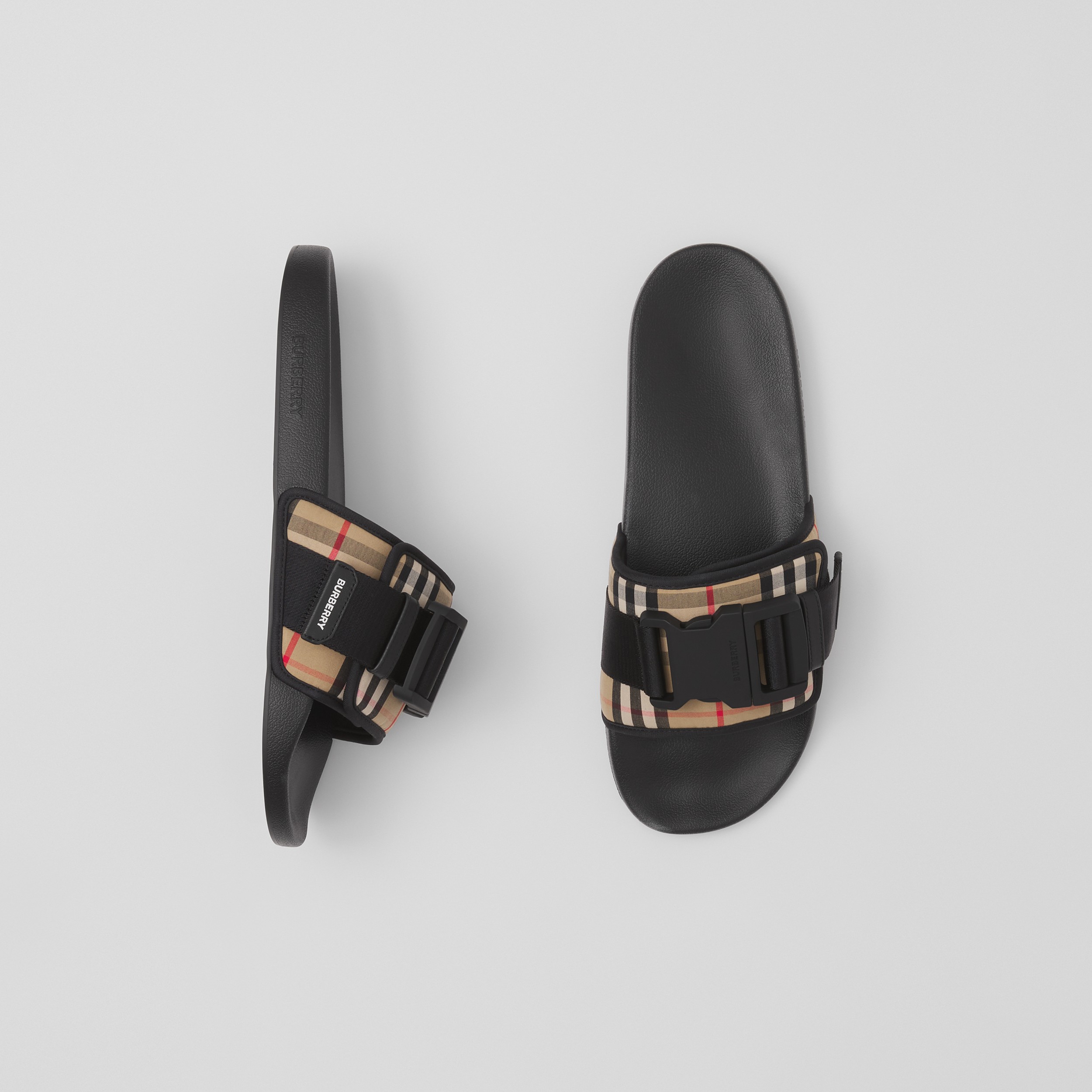 Buckled Strap Vintage Check Cotton Slides in Archive Beige | Burberry® Official - 1