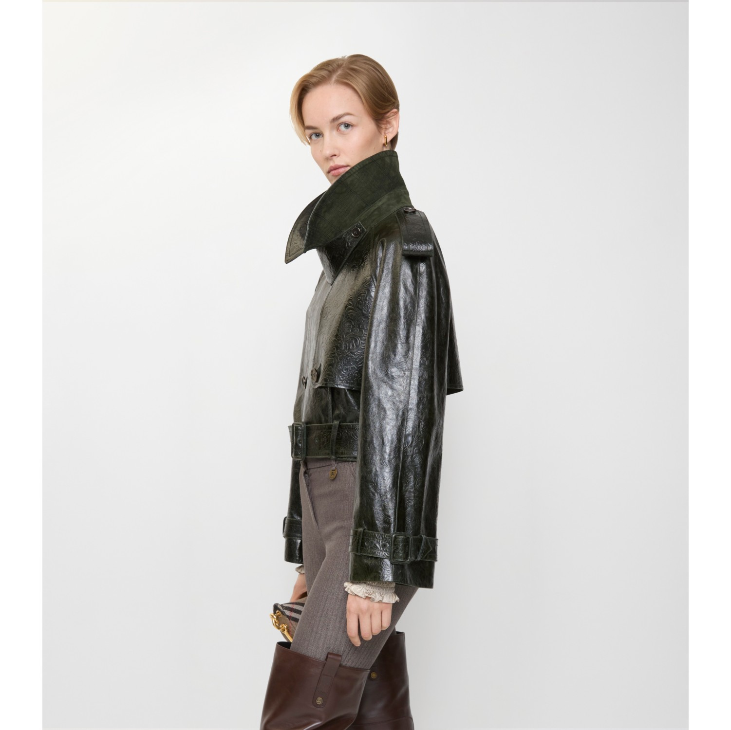 Cropped Embossed Leather Trench Jacket