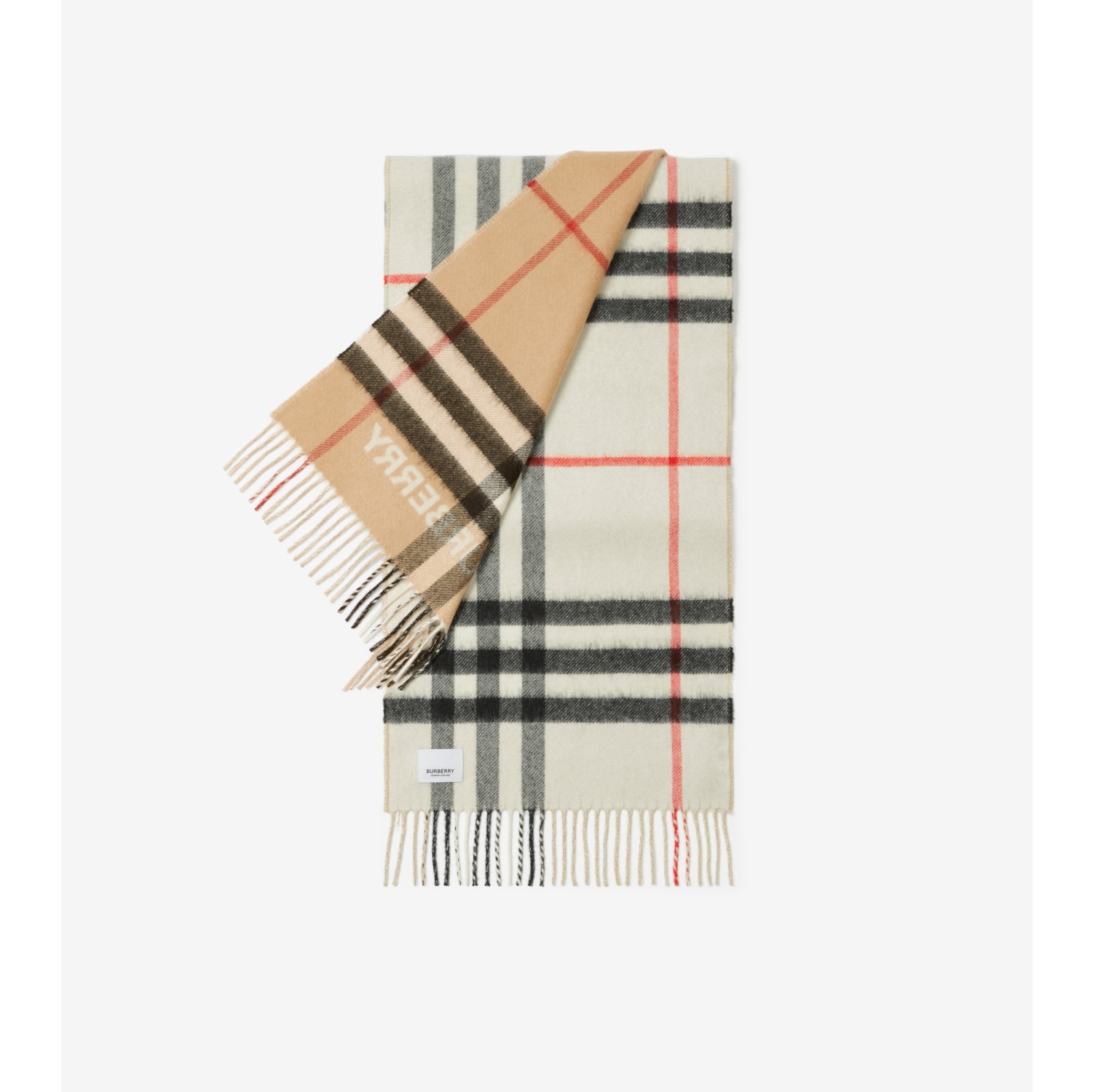 Contrast Check Cashmere Scarf in Beige/natural White |