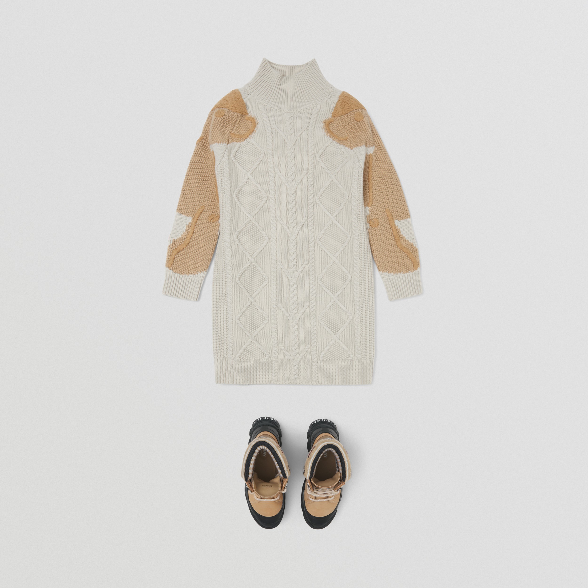 Thomas Bear Intarsia Cable Knit Wool Cashmere Dress in Beige | Burberry® Official - 3