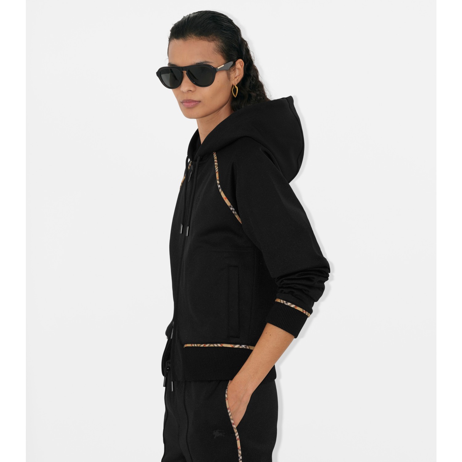 Check Trim Cotton Blend Zip Hoodie