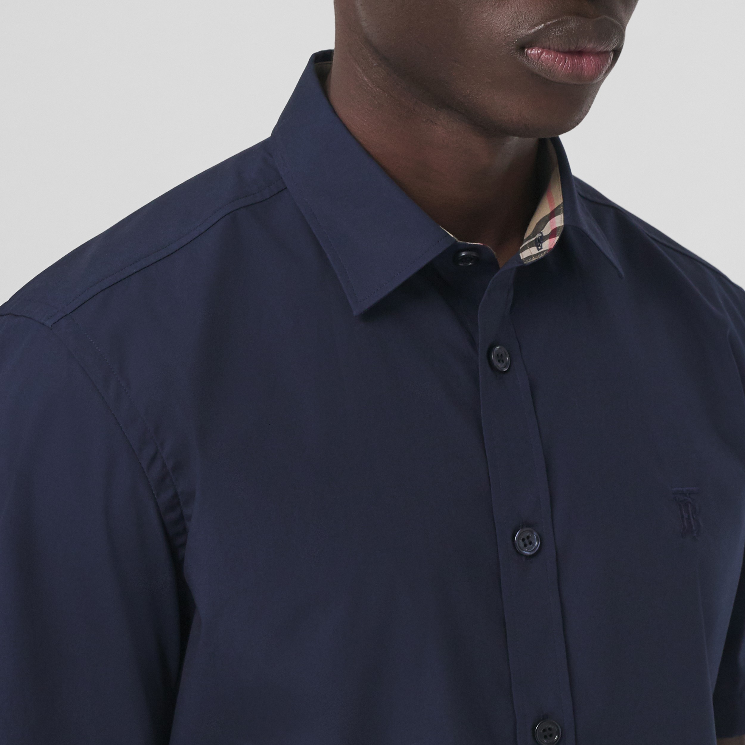专属标识装饰弹力棉质短袖衬衫 (海军蓝) - 男士 | Burberry® 博柏利官网 - 2