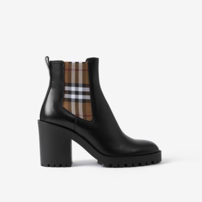 Check Panel Leather Boots Black - Women | Burberry® Official