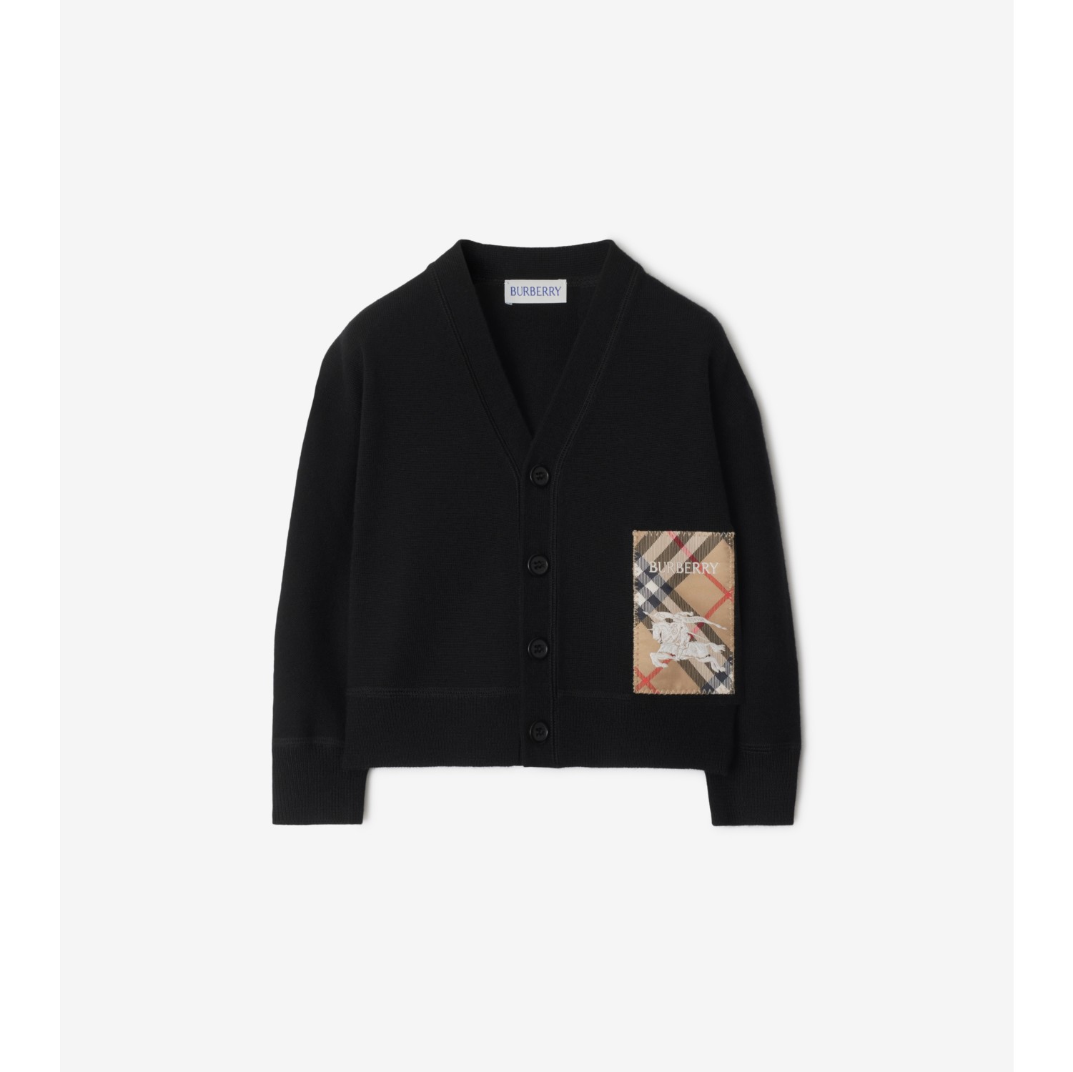 Check Label Wool Cardigan in Black Burberry Official