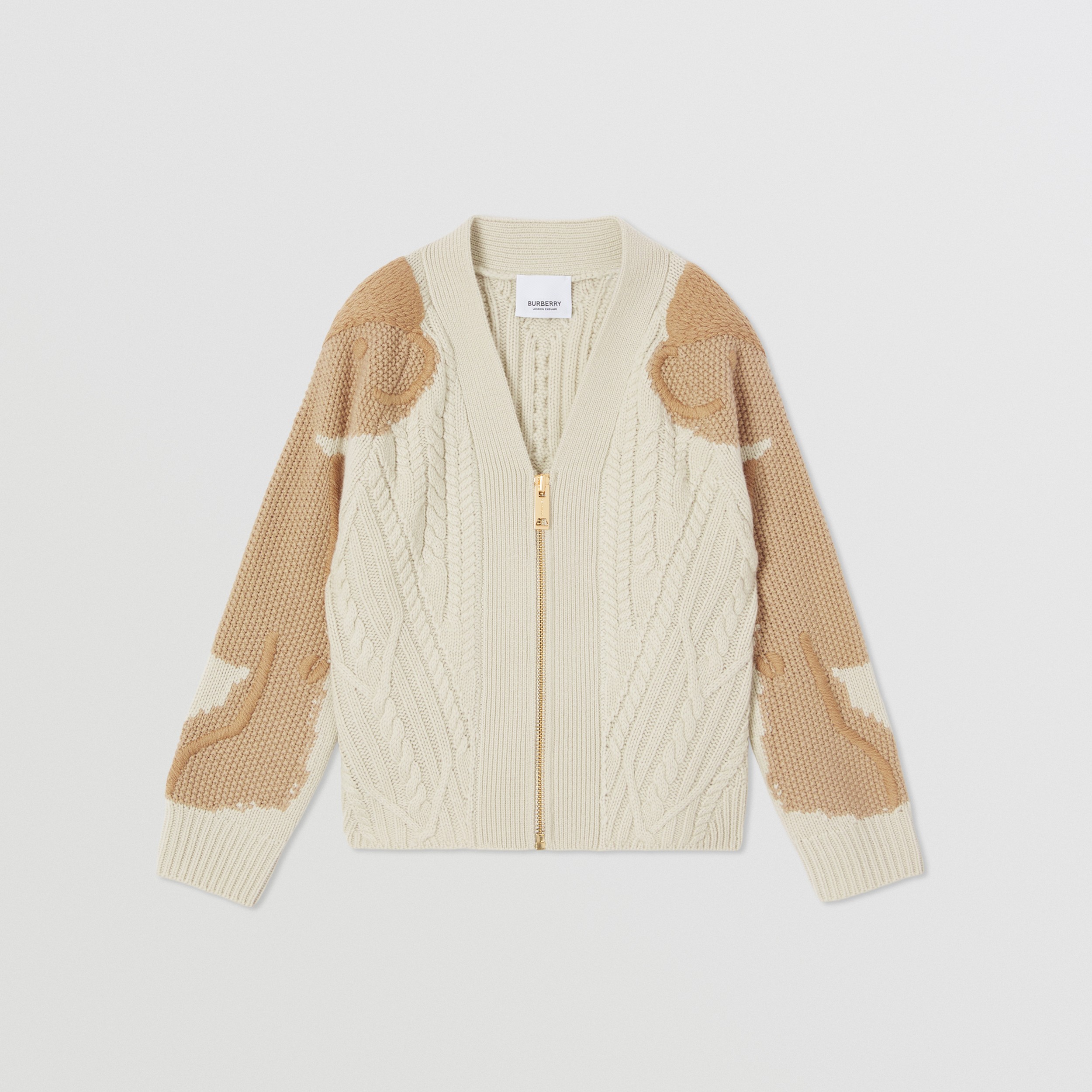 Thomas Bear Intarsia Cable Knit Wool Cashmere Cardigan in Beige | Burberry® Official - 1