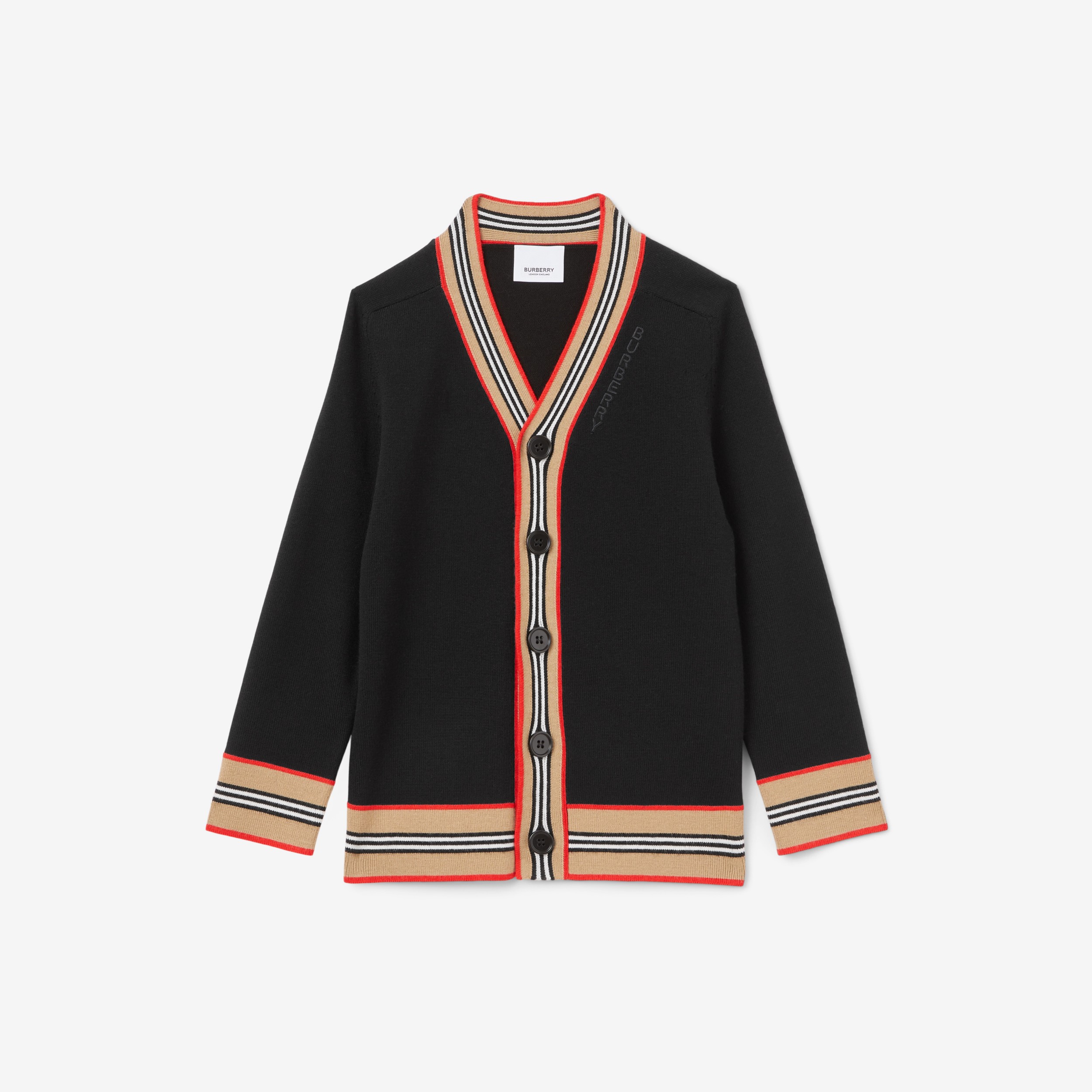 Icon Stripe Trim Wool Cardigan in Black | Burberry® Official