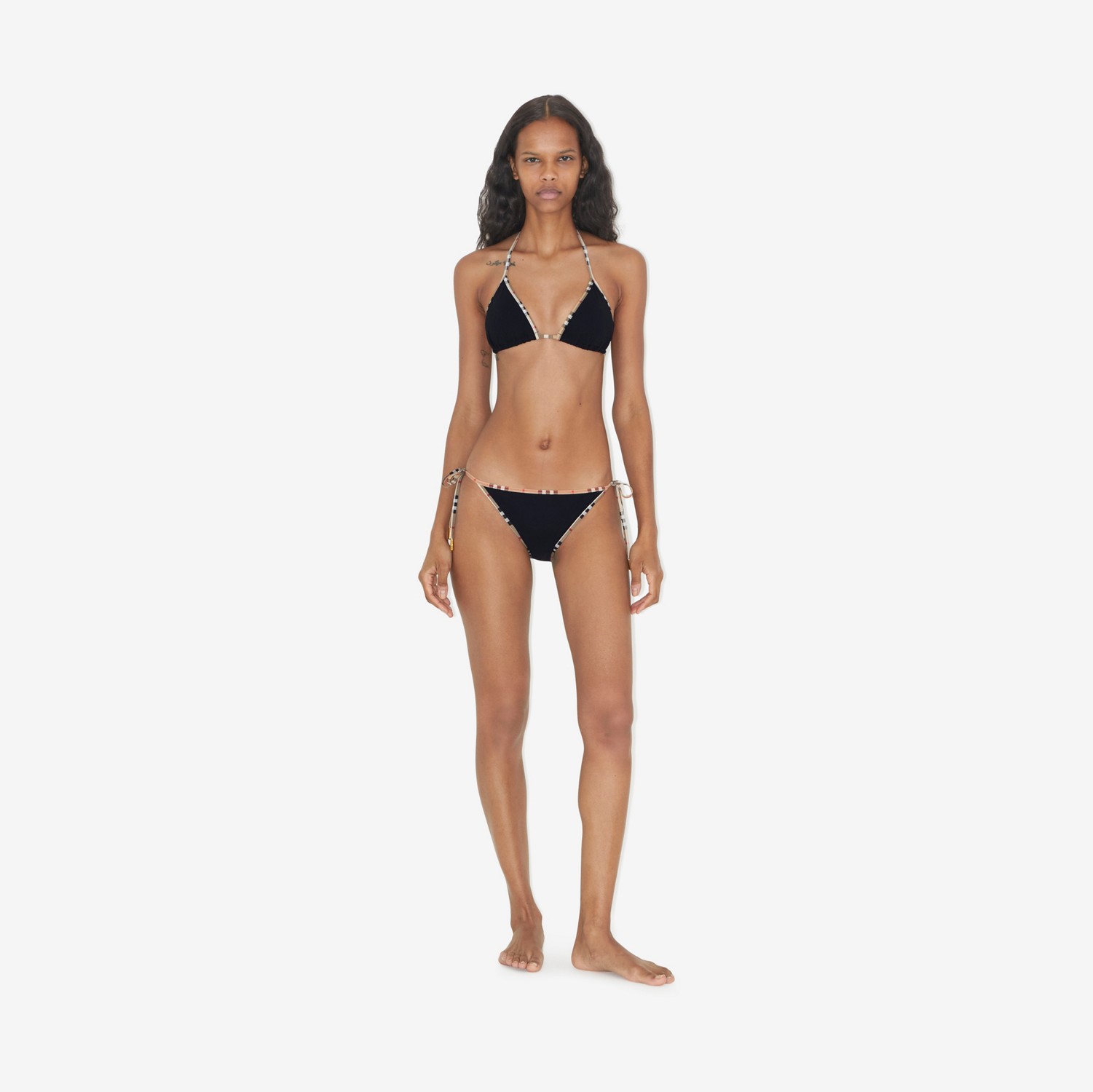 Check Detail Stretch Nylon Triangle Bikini in Black - Women | Burberry® Official