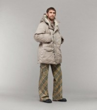 Model wearing Satin Parka with Burberry Check Shirt and Tailored Cargo Trousers