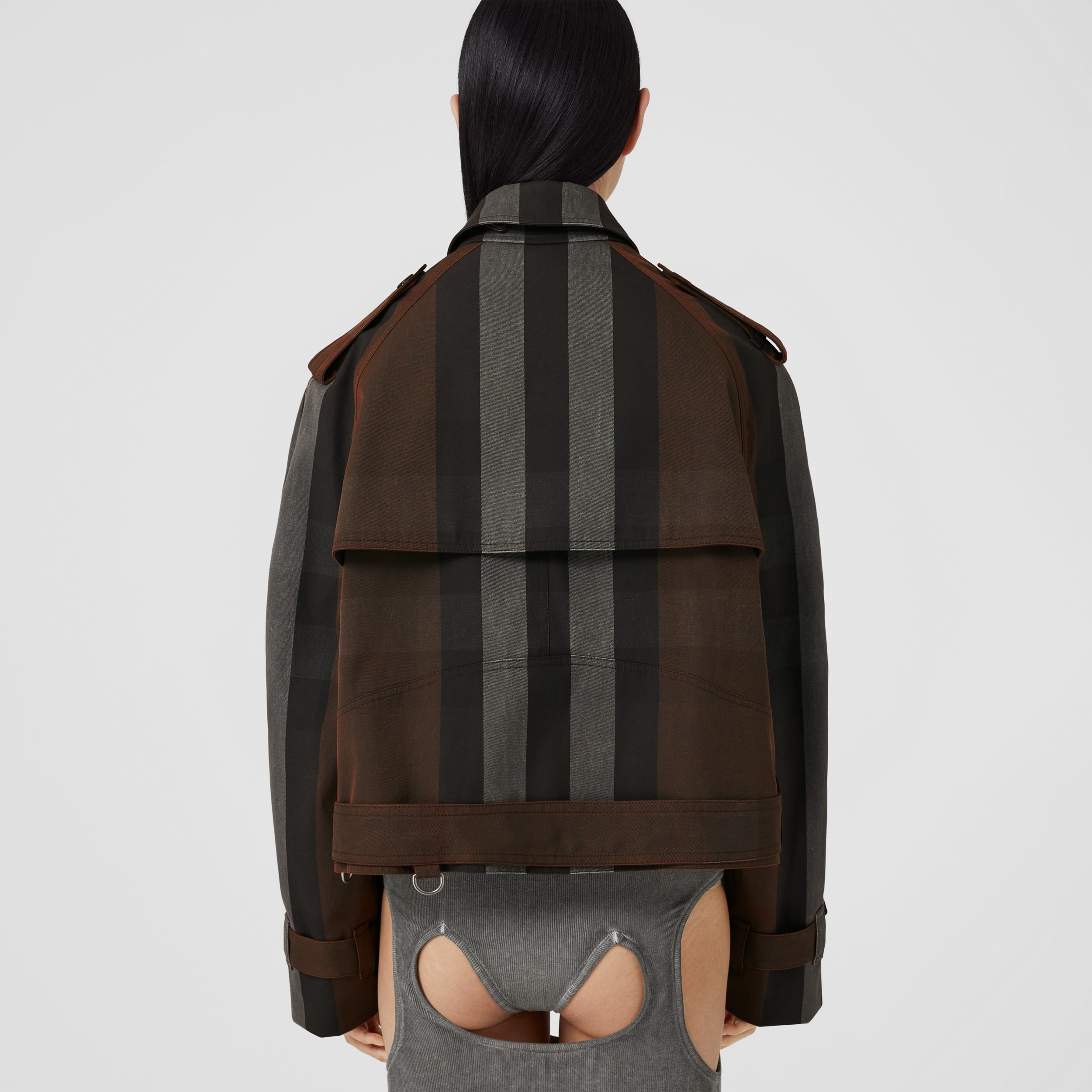 체크 코튼 블렌드 리컨스트럭티드 바이커 재킷 (다크 버치 브라운) - 여성 | Burberry® - 3