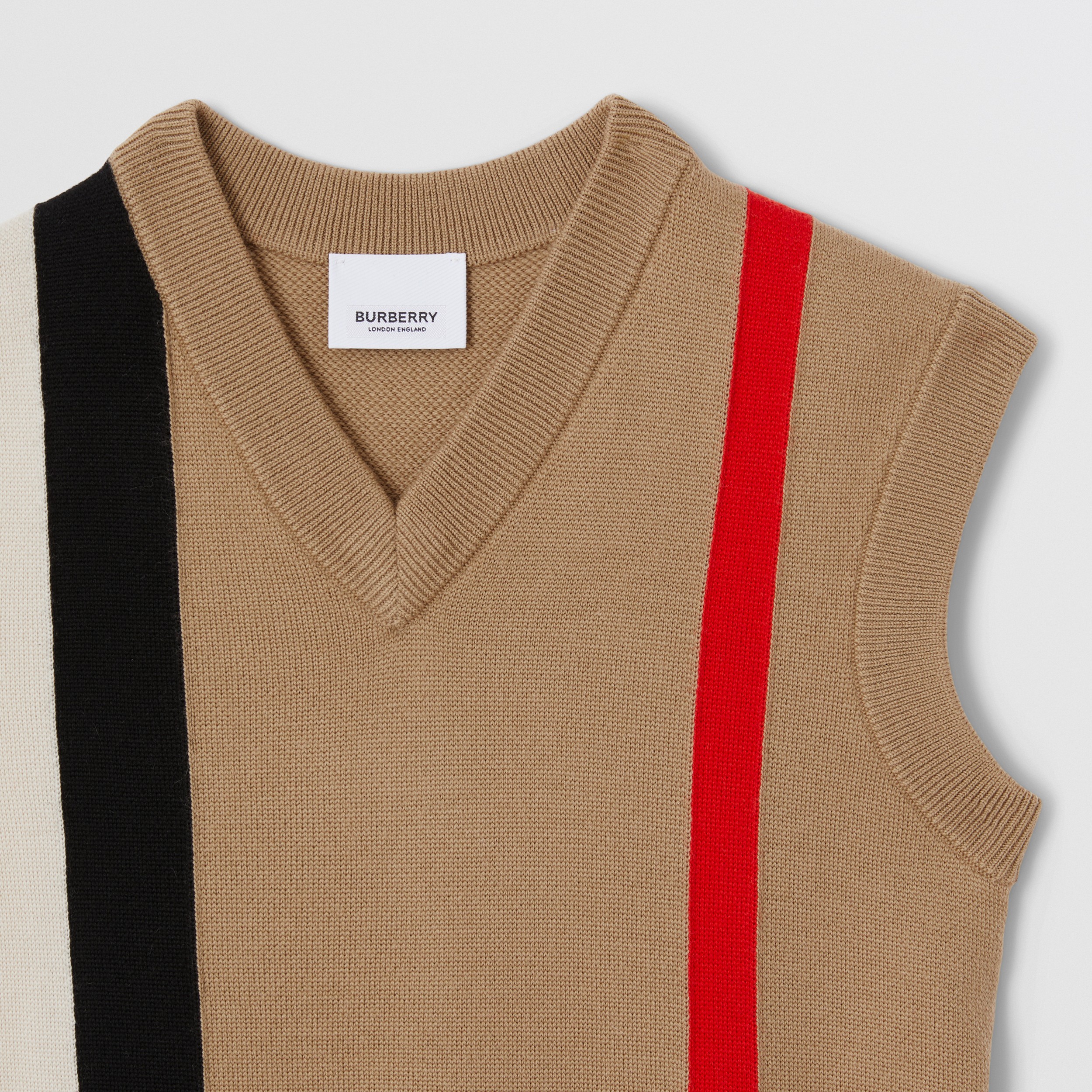 Sleeveless Striped Wool Intarsia V-neck Top in Archive Beige | Burberry® Official - 4