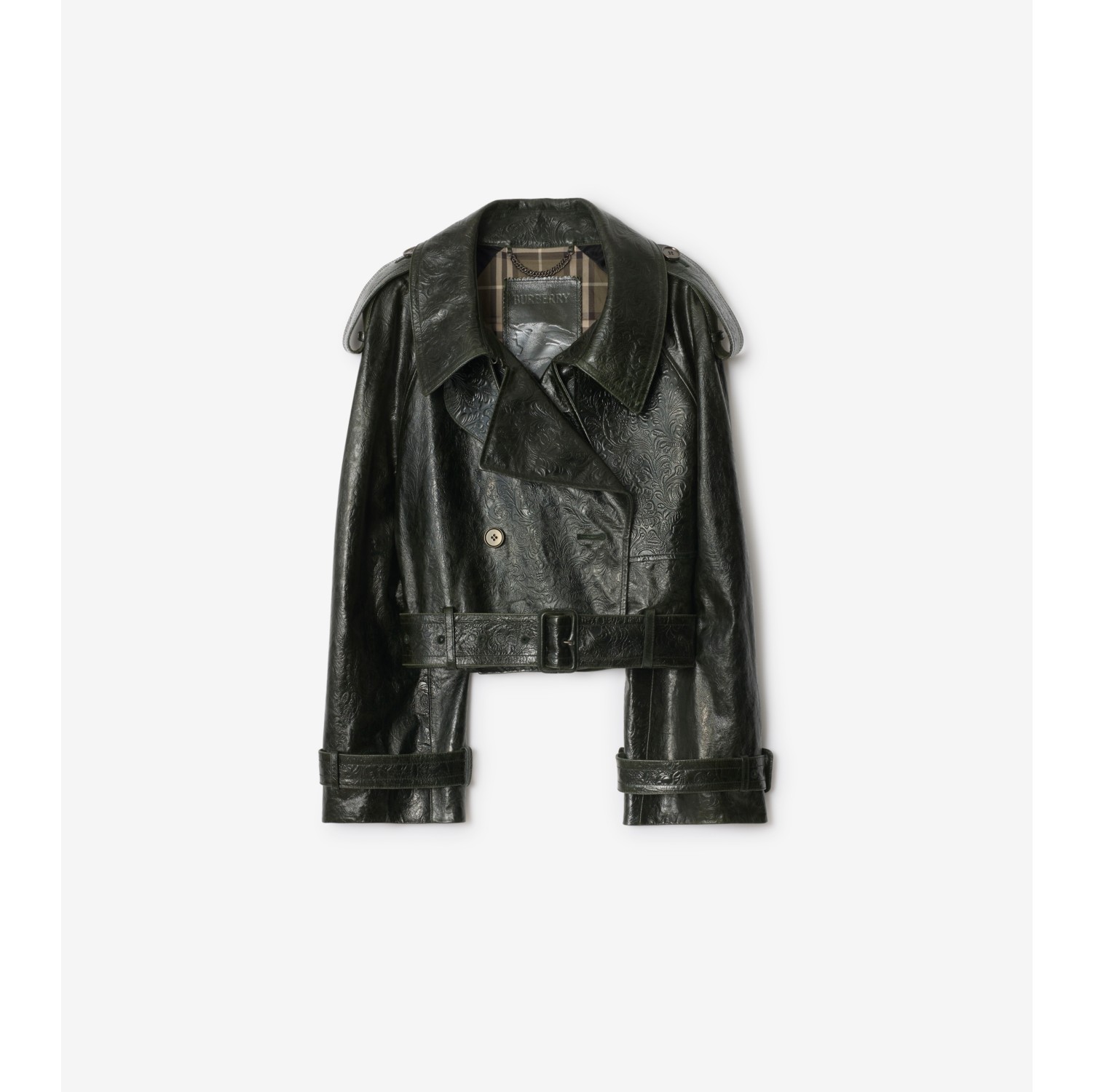 Cropped Embossed Leather Trench Jacket in Moat green - Women, Suede | Burberry® Official