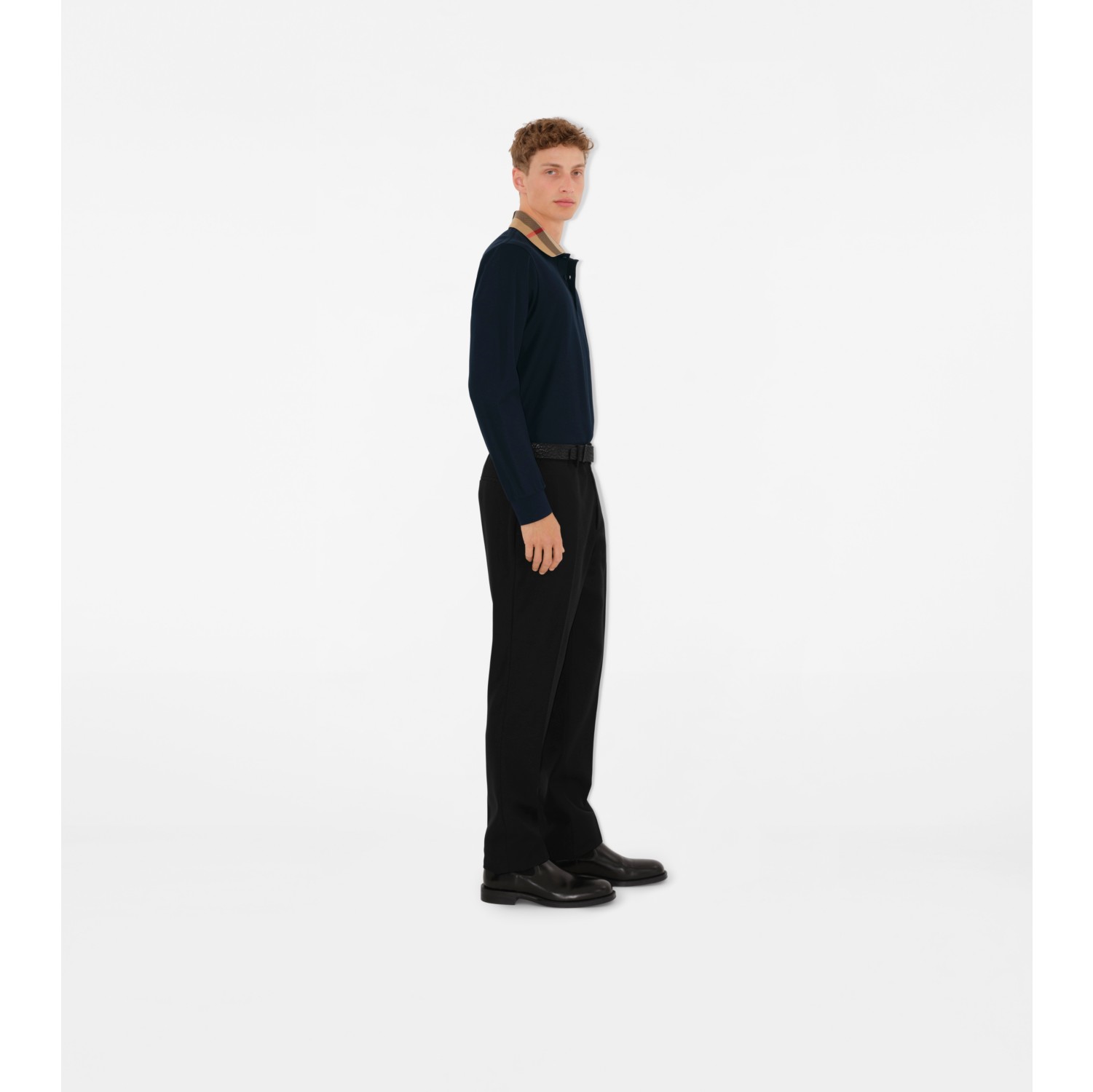 Long-sleeve Check Collar Cotton Polo Shirt