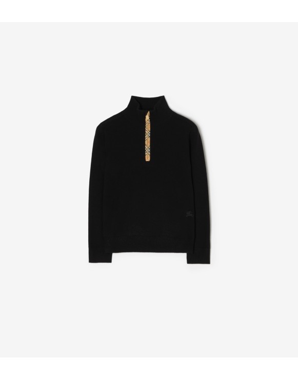 Check Trim Wool Half-zip Sweater