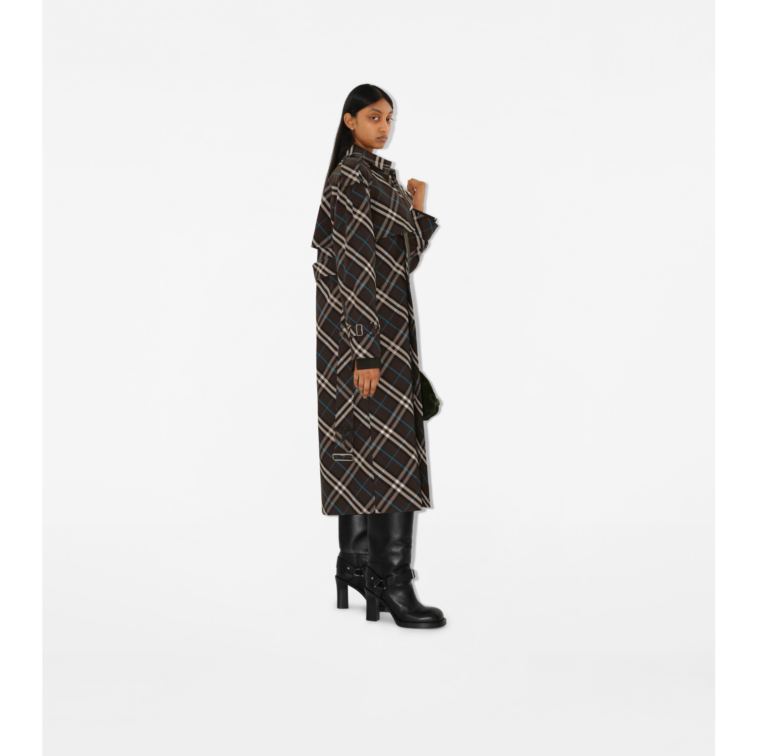 Long Check Cotton Blend Trench Coat