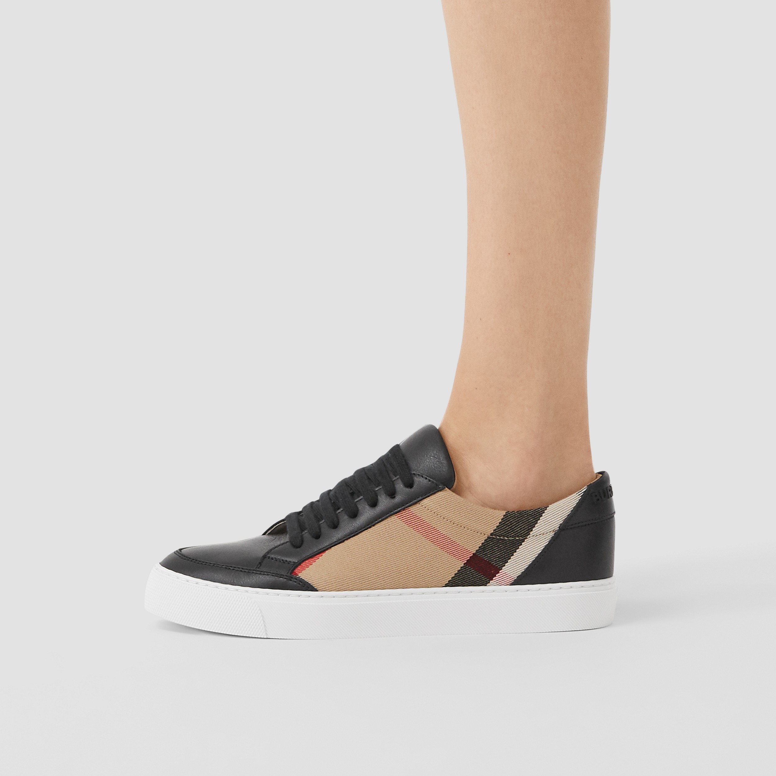House Check Cotton and Leather Sneakers in Black - Women | Burberry® Official - 3