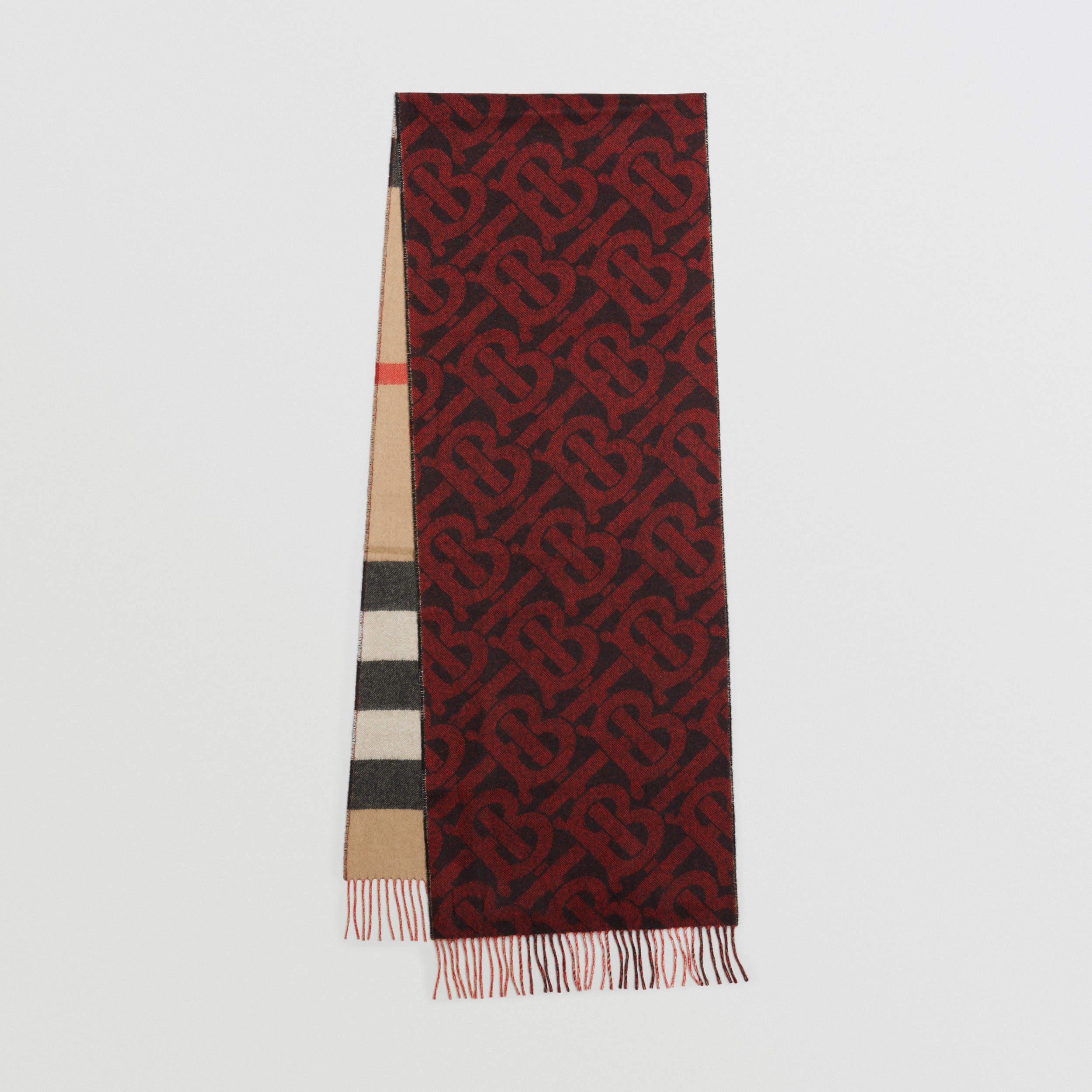 双面两用格纹拼专属标识羊绒围巾 (亮红色) | Burberry® 博柏利官网 - 1