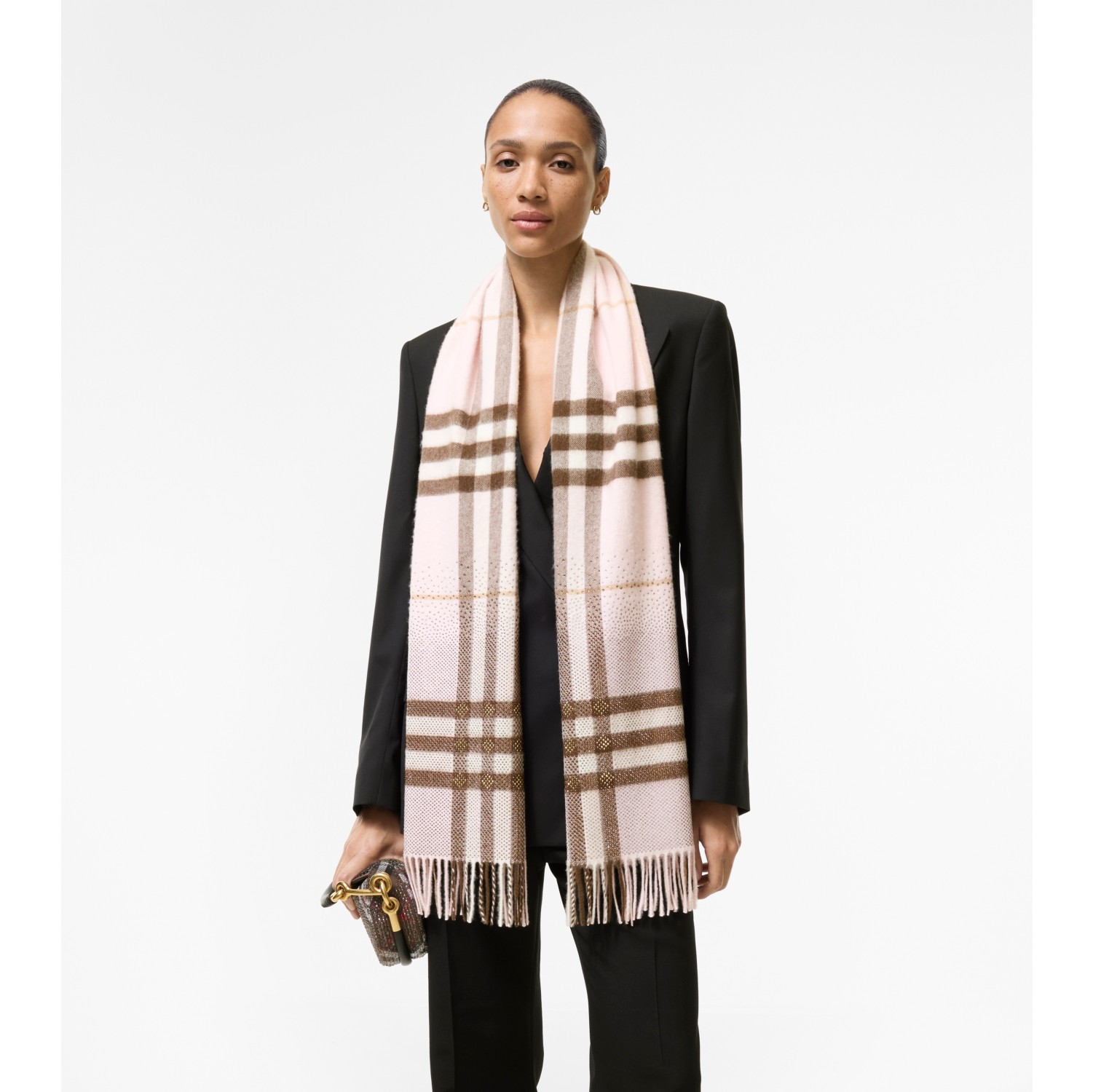 Embellished Check Cashmere Scarf