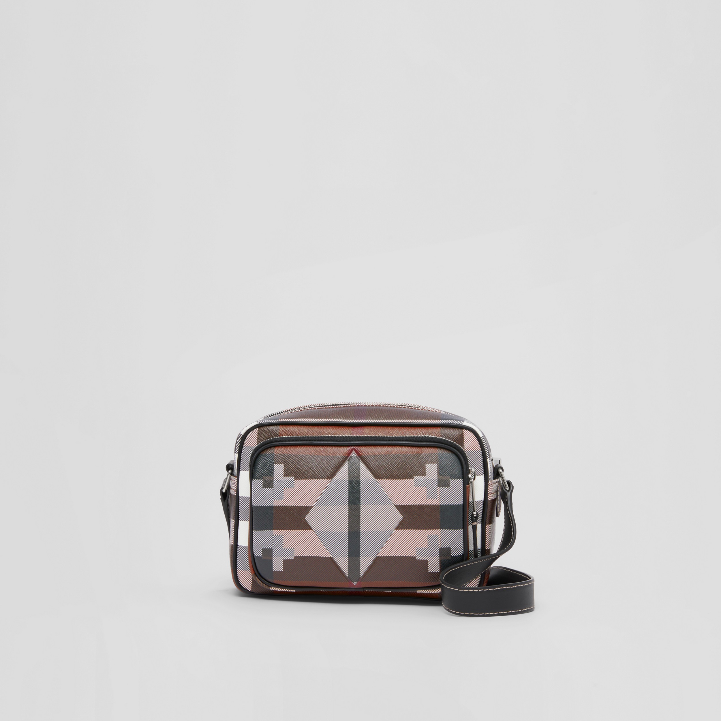 Geometric Check and Leather Crossbody Bag in Dark Birch Brown/white | Burberry® Official - 1