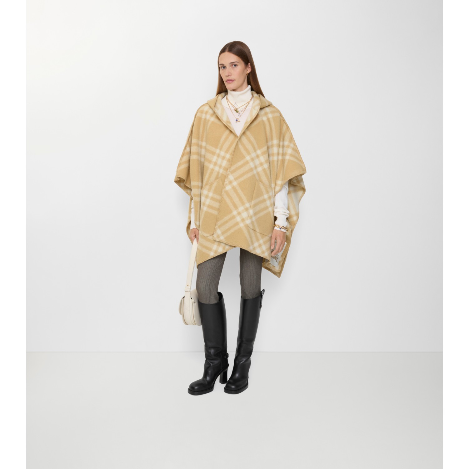 Reversible Check Wool Hooded Cape in Sand beige/ecru beige | Burberry® Official